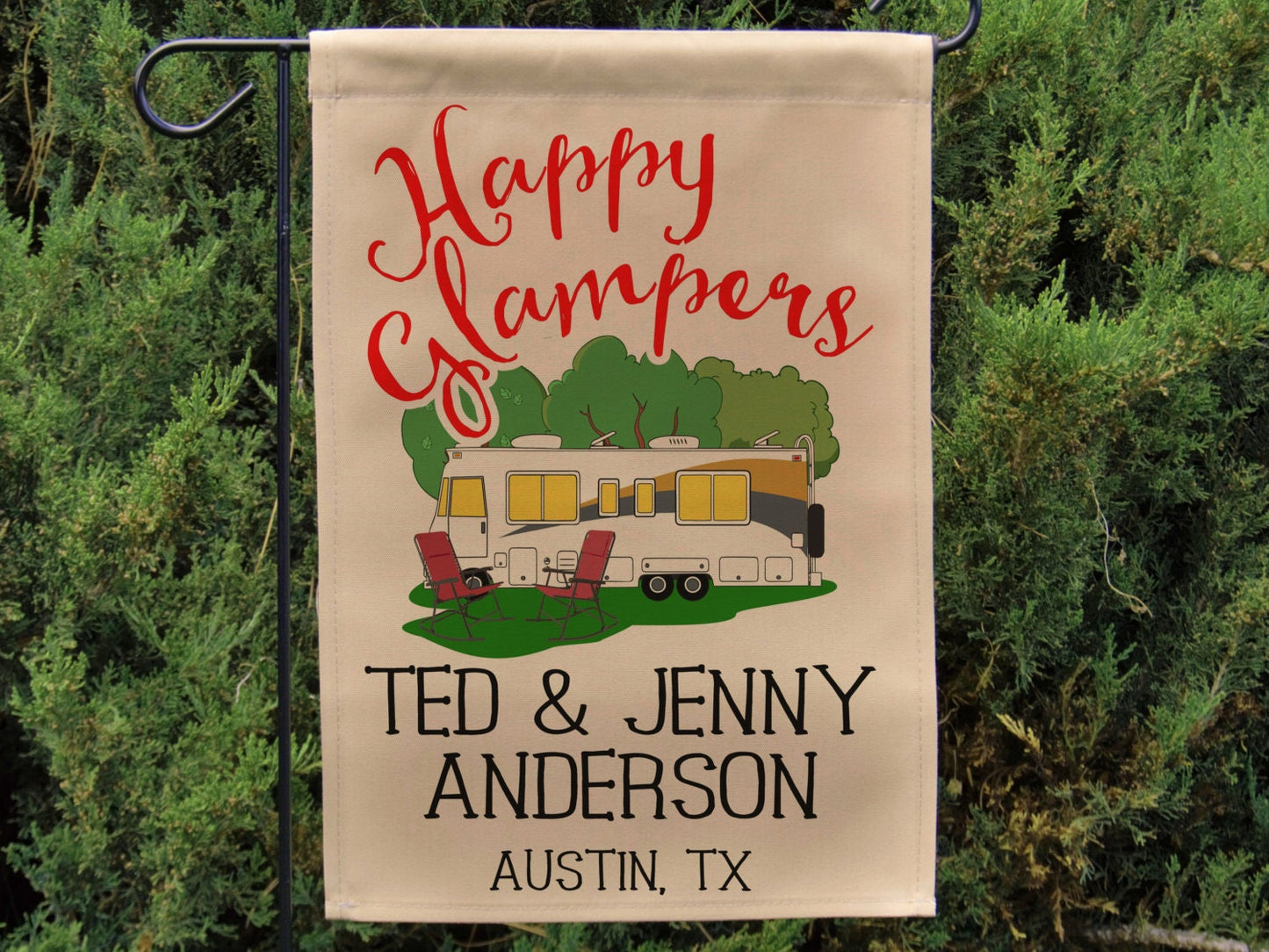 Personalized Happy Glampers, Glamour Camping Campsite Flag, Camp Sign, Class A Motorhome, Camping Decor, Motor Home Camp Flag