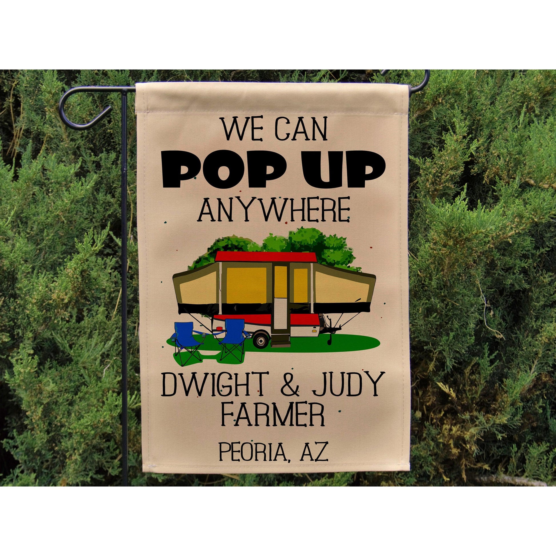 We Can Pop UP Anywhere, Personalized Campsite Flag or Wall Hanging, Tent Trailer Camping Sign, Camper Yard Flag, Camp Welcome Garden Flag