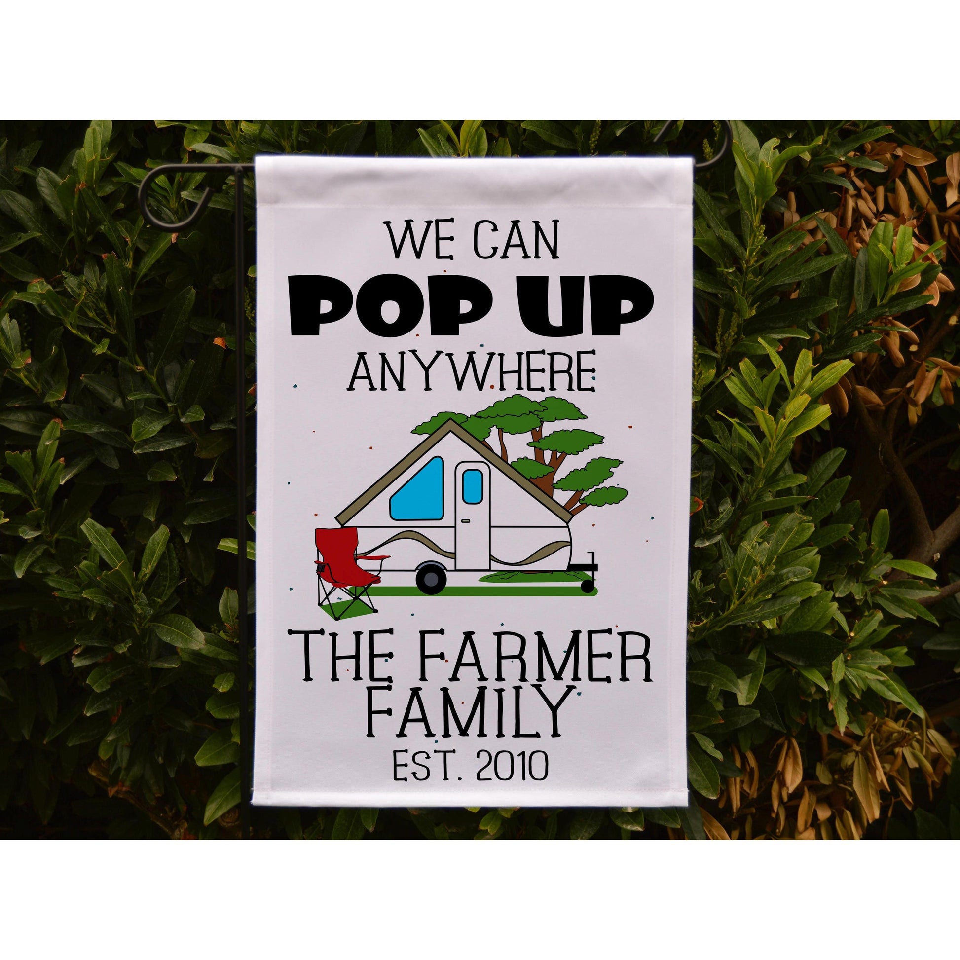 Ready to Ship We Can Pop UP Anywhere, Personalized Campsite Flag with Pop Up Folding Camper or A-frame, Customized just for you.