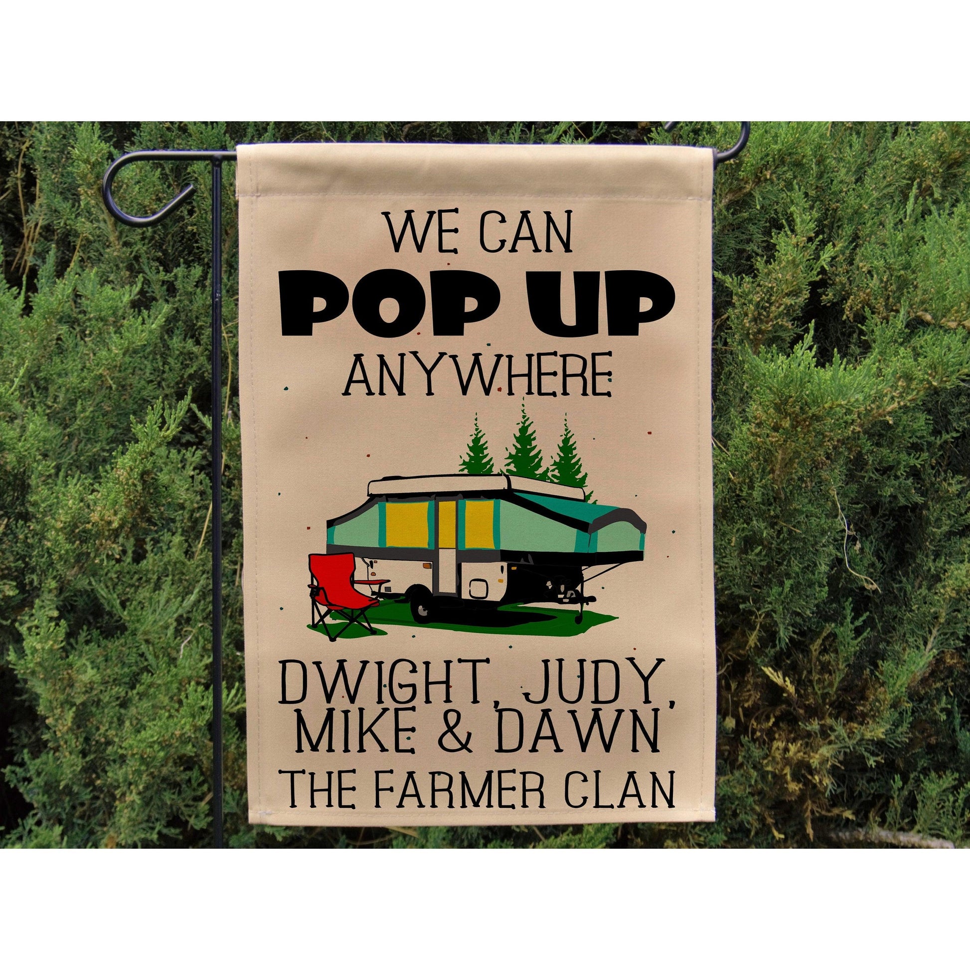 We Can Pop UP Anywhere, Personalized Campsite Flag or Wall Hanging, Tent Trailer Camping Sign, Camper Yard Flag, Camp Welcome Garden Flag