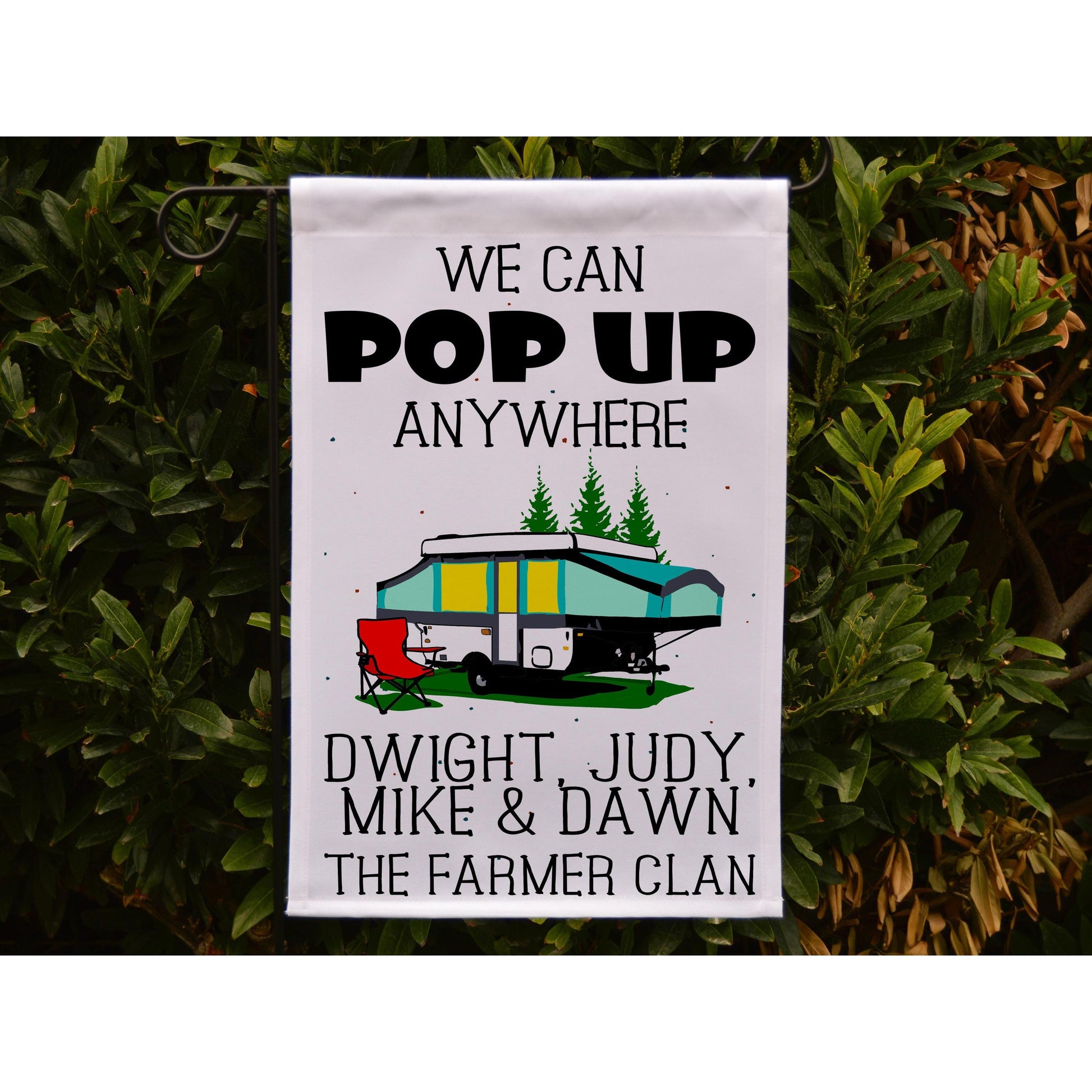Ready to Ship We Can Pop UP Anywhere, Personalized Campsite Flag with Pop Up Folding Camper or A-frame, Customized just for you.