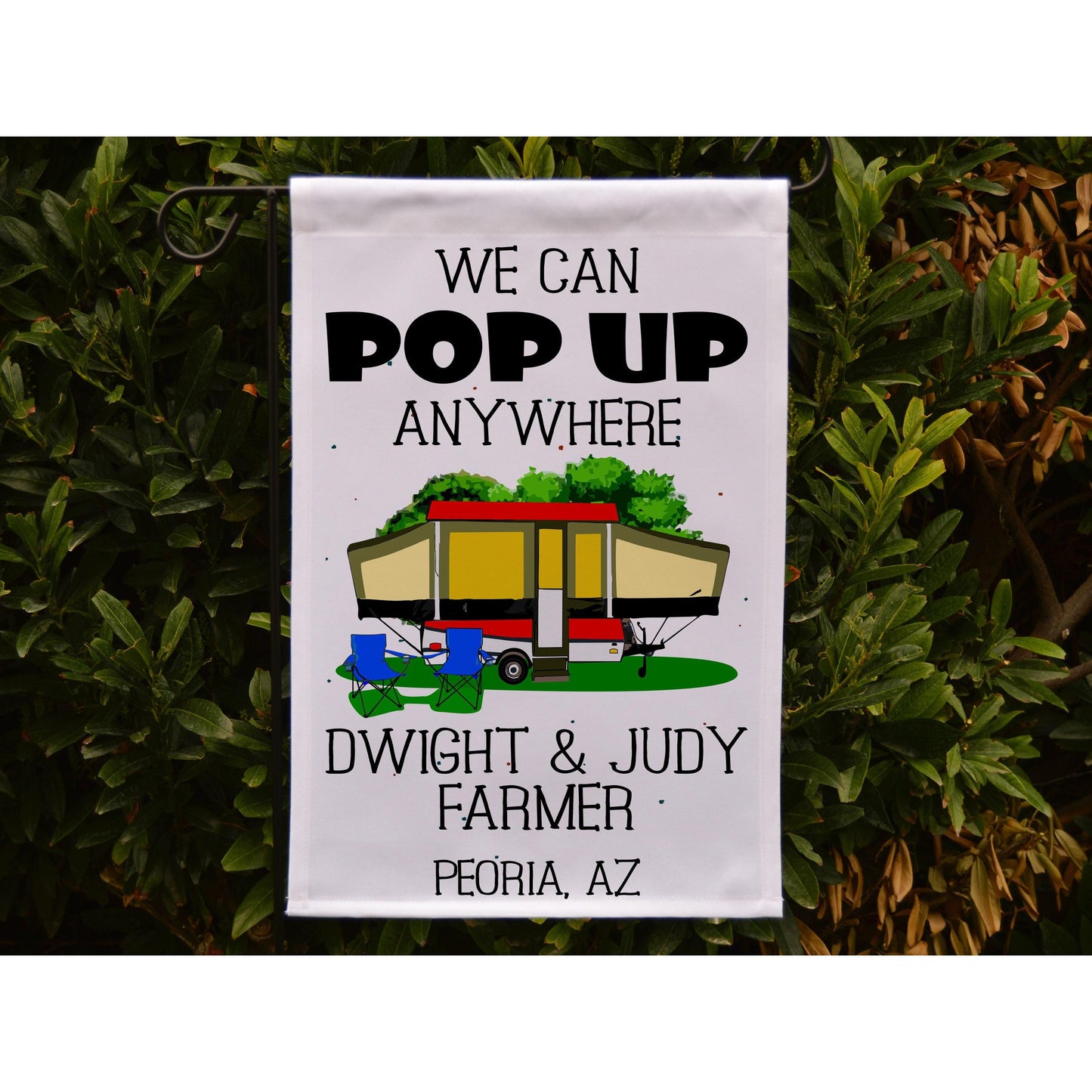 Ready to Ship We Can Pop UP Anywhere, Personalized Campsite Flag with Pop Up Folding Camper or A-frame, Customized just for you.