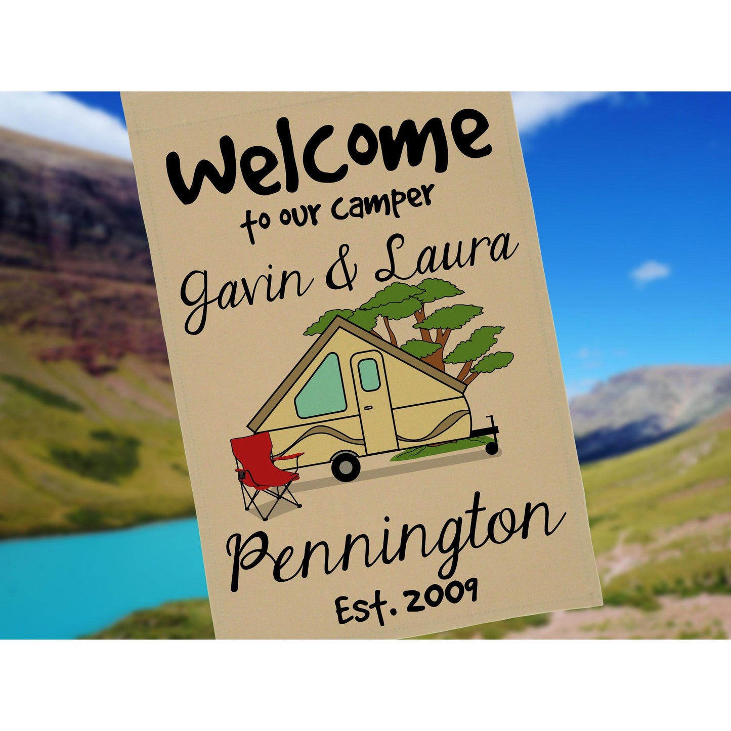 Welcome to our Camper Personalized Garden Flag, RV Gift, Pop-Up Camper, Camp Sign, Tent Trailer Flag, Camp Gift, Camping Decor