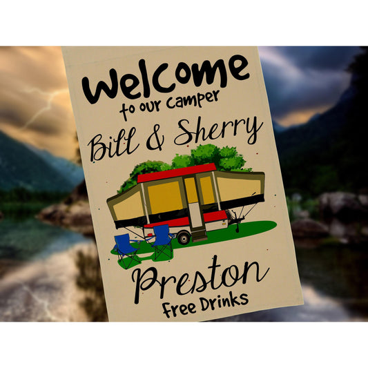 Welcome to our Camper Personalized Garden Flag, RV Gift, Pop-Up Camper, Camp Sign, Tent Trailer Flag, Camp Gift, Camping Decor