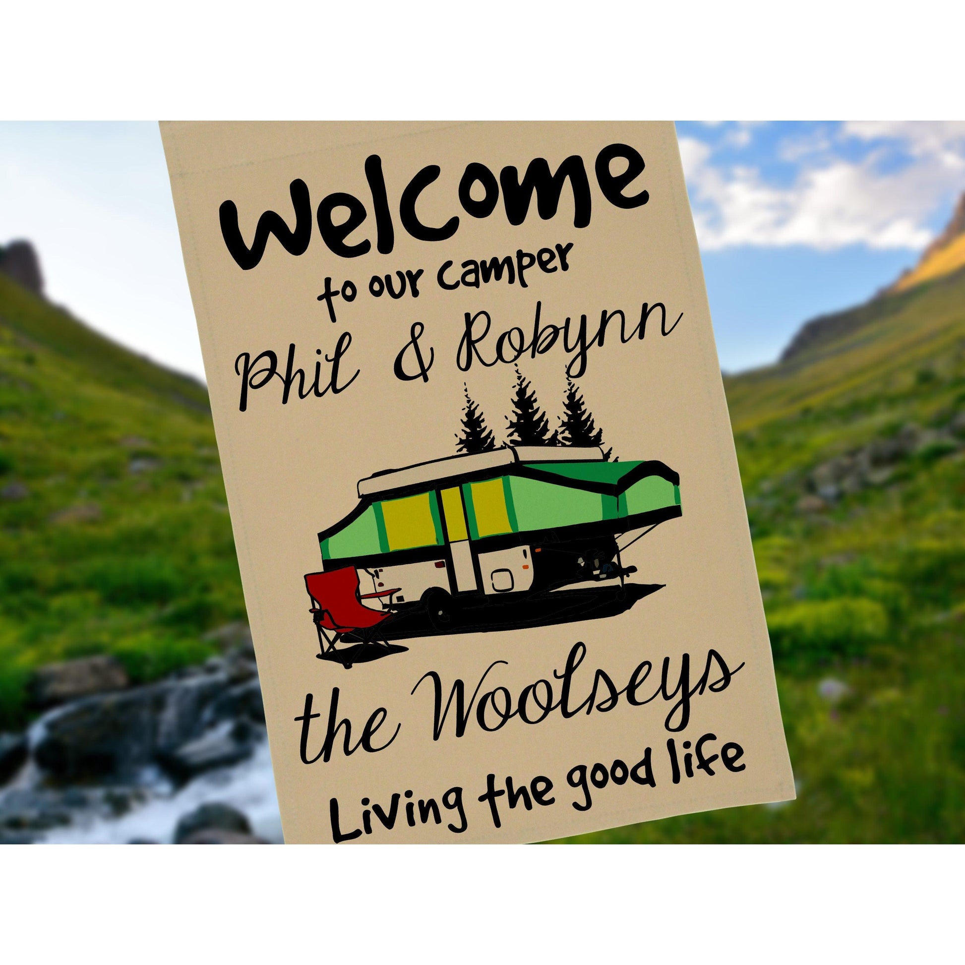 Welcome to our Camper Personalized Garden Flag, RV Gift, Pop-Up Camper, Camp Sign, Tent Trailer Flag, Camp Gift, Camping Decor