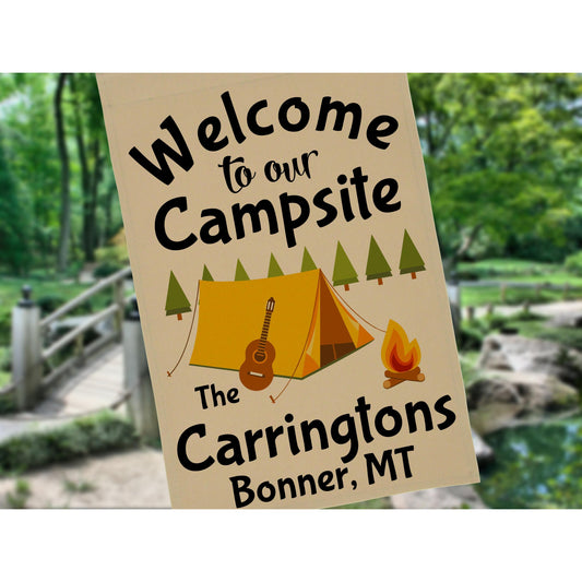 Welcome to our Campsite Personalized Camping Garden Flag, Camping Sign, Father's Day Gift, Tent Flag, Campground Decor, Camp Gift