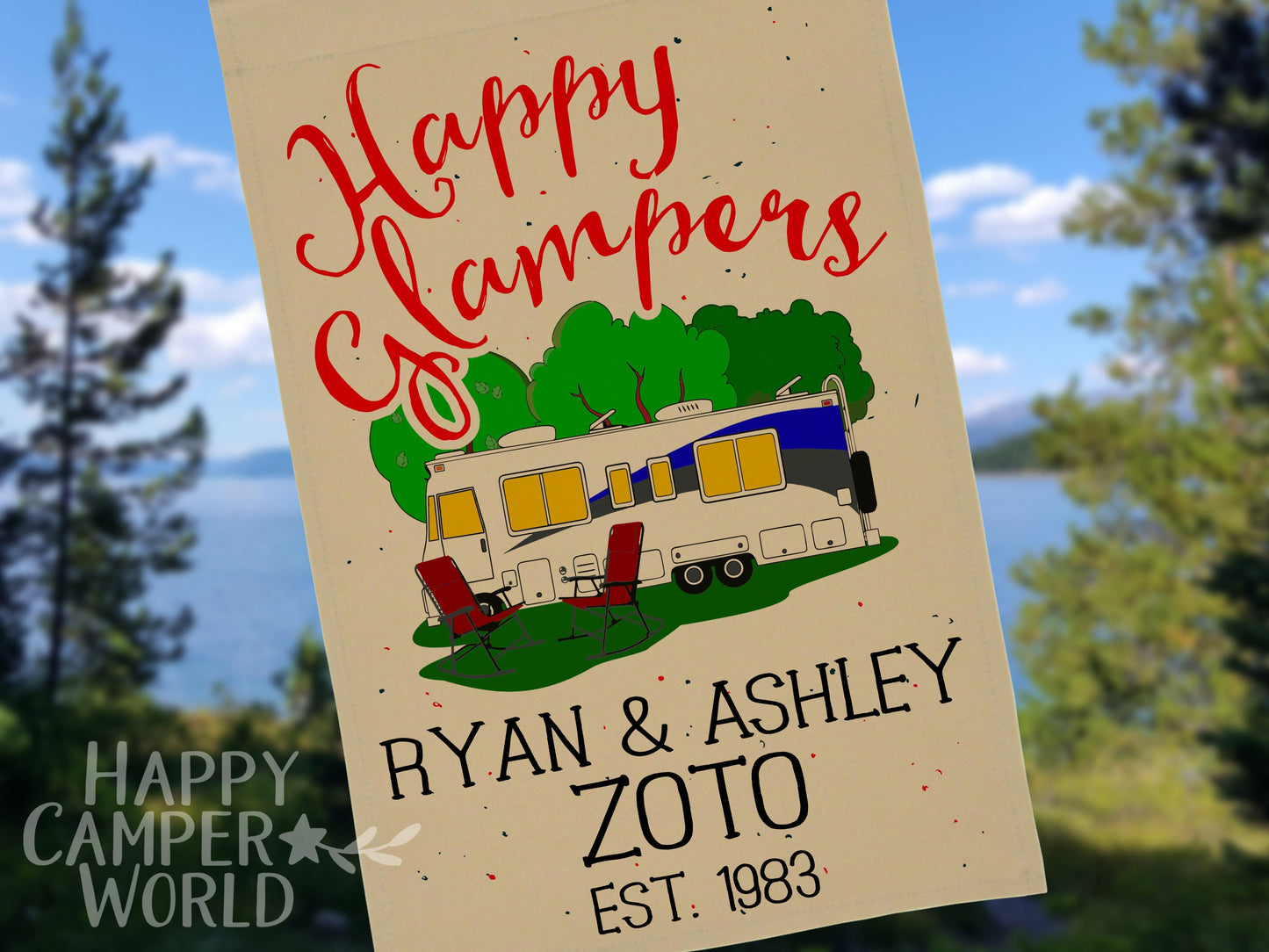 Personalized Happy Glampers, Glamour Camping Campsite Flag, Camp Sign, Class A Motorhome, Camping Decor, Motor Home Camp Flag