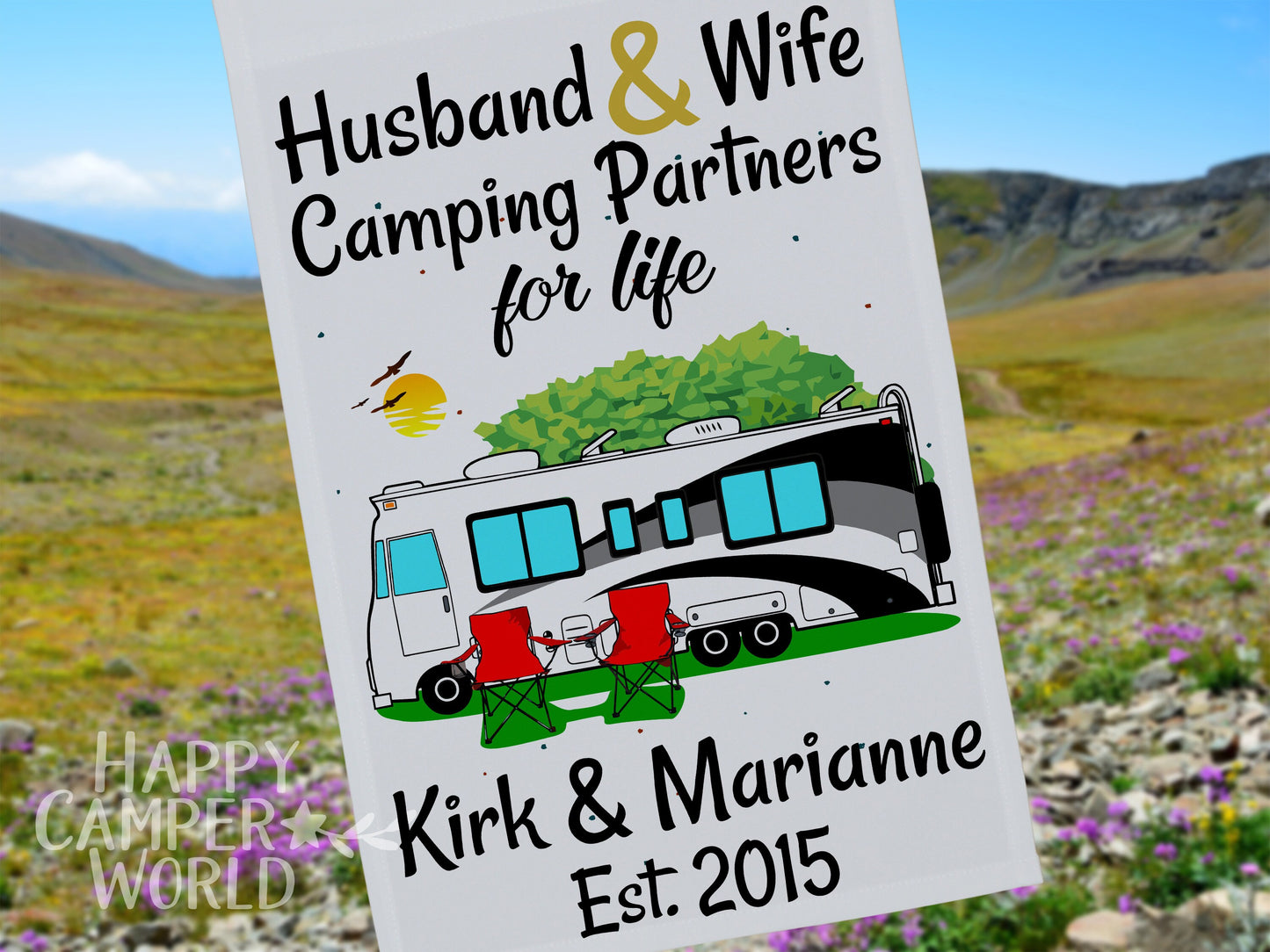 Personalized Class A Motorhome Camping Sign, Husband and Wife Camping Partners for Life, Motor Home Campsite Flag, Custom Camping Flag