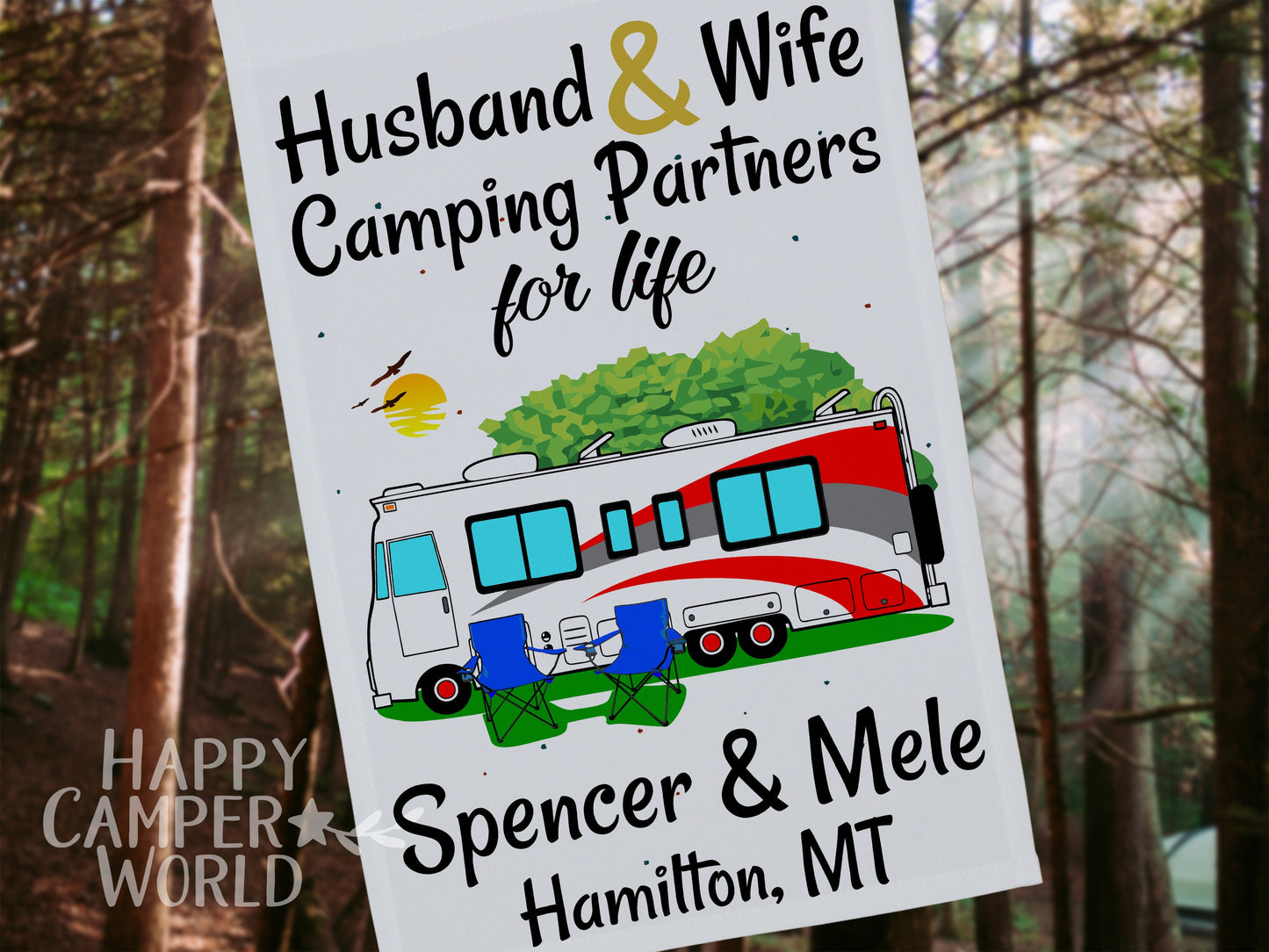 Personalized Class A Motorhome Camping Sign, Husband and Wife Camping Partners for Life, Motor Home Campsite Flag, Custom Camping Flag