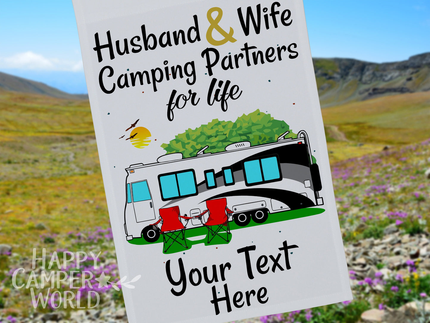 Personalized Class A Motorhome Camping Sign, Husband and Wife Camping Partners for Life, Motor Home Campsite Flag, Custom Camping Flag