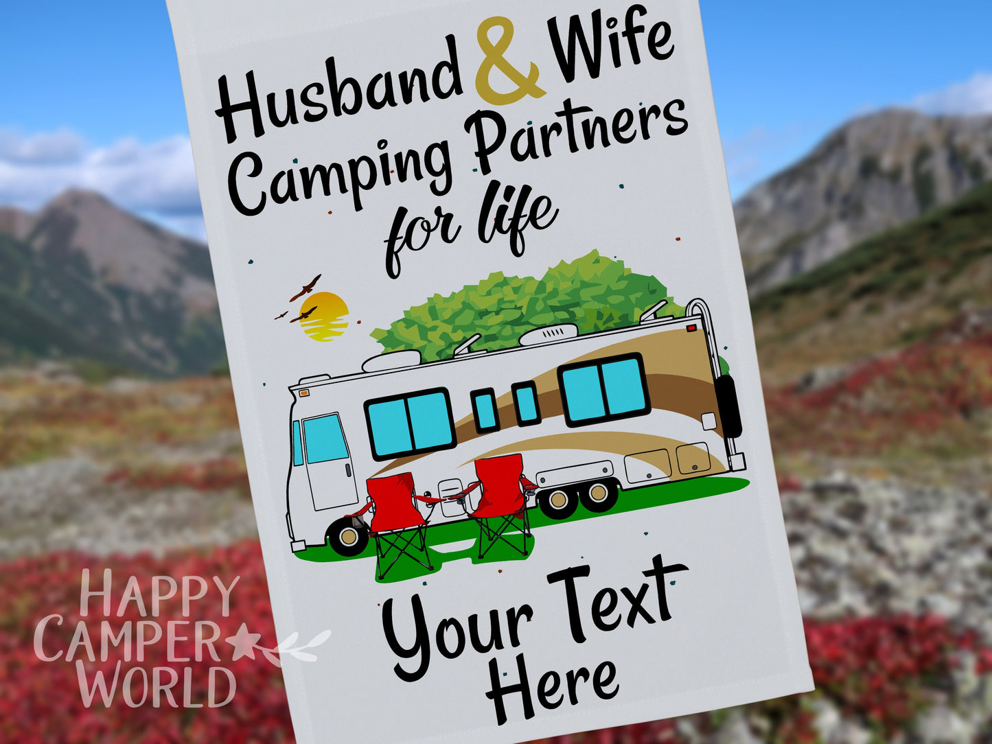 Personalized Class A Motorhome Camping Sign, Husband and Wife Camping Partners for Life, Motor Home Campsite Flag, Custom Camping Flag