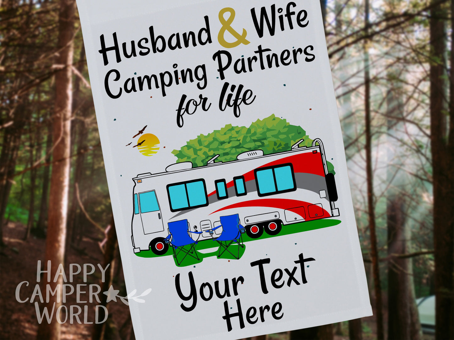 Personalized Class A Motorhome Camping Sign, Husband and Wife Camping Partners for Life, Motor Home Campsite Flag, Custom Camping Flag