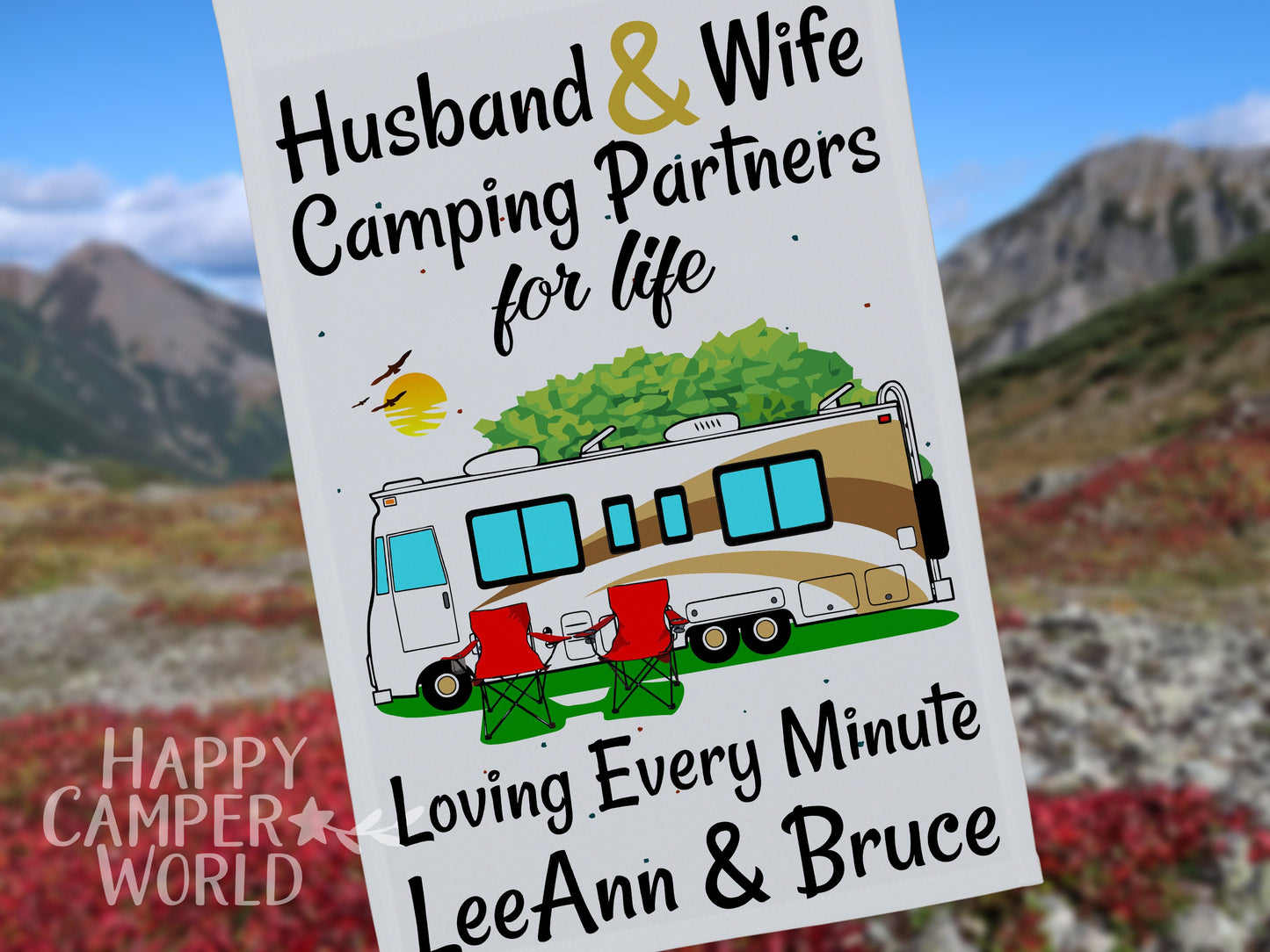 Personalized Class A Motorhome Camping Sign, Husband and Wife Camping Partners for Life, Motor Home Campsite Flag, Custom Camping Flag