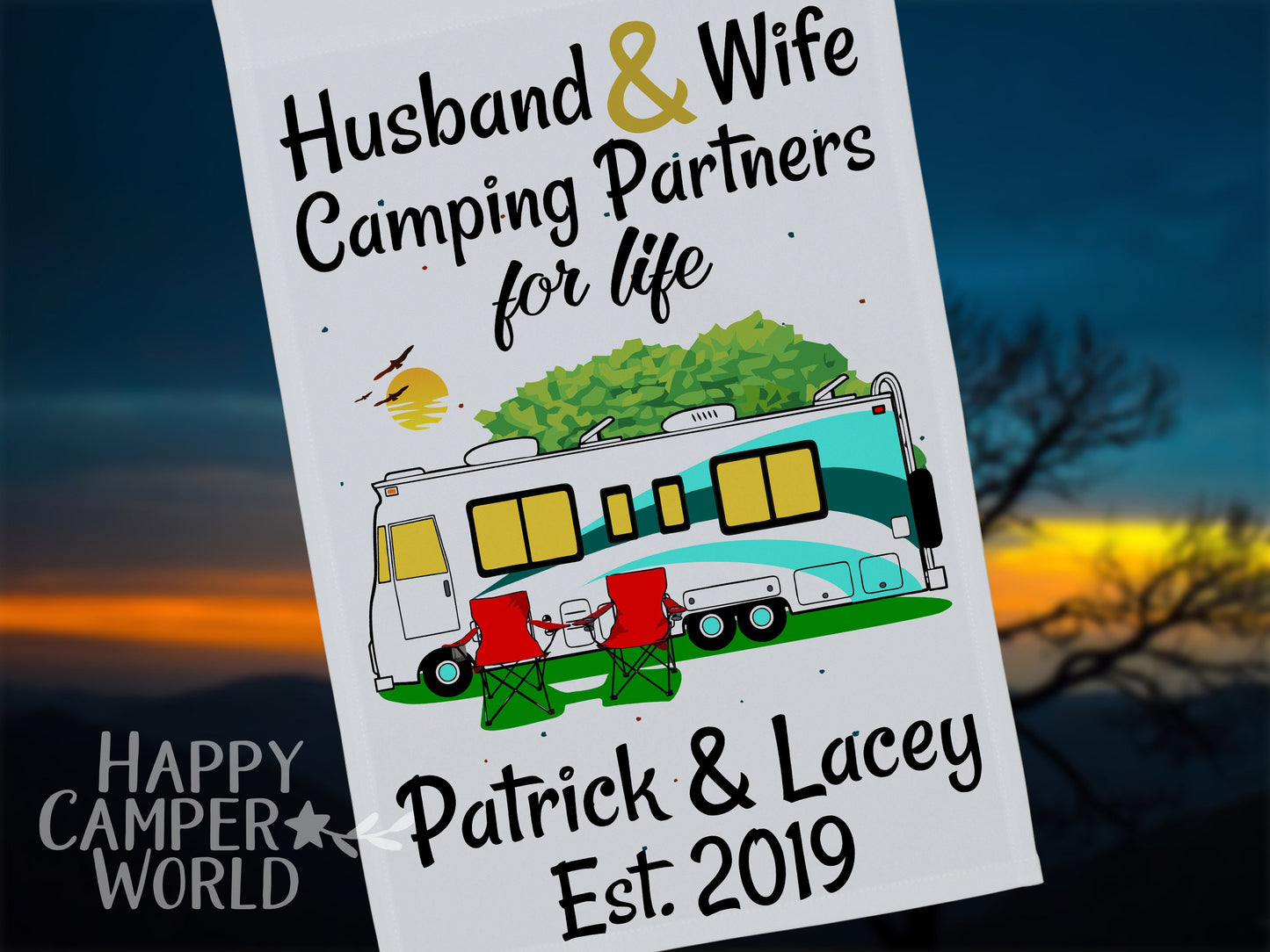 Personalized Class A Motorhome Camping Sign, Husband and Wife Camping Partners for Life, Motor Home Campsite Flag, Custom Camping Flag