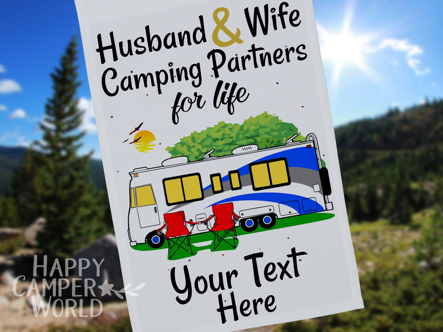 Personalized Class A Motorhome Camping Sign, Husband and Wife Camping Partners for Life, Motor Home Campsite Flag, Custom Camping Flag