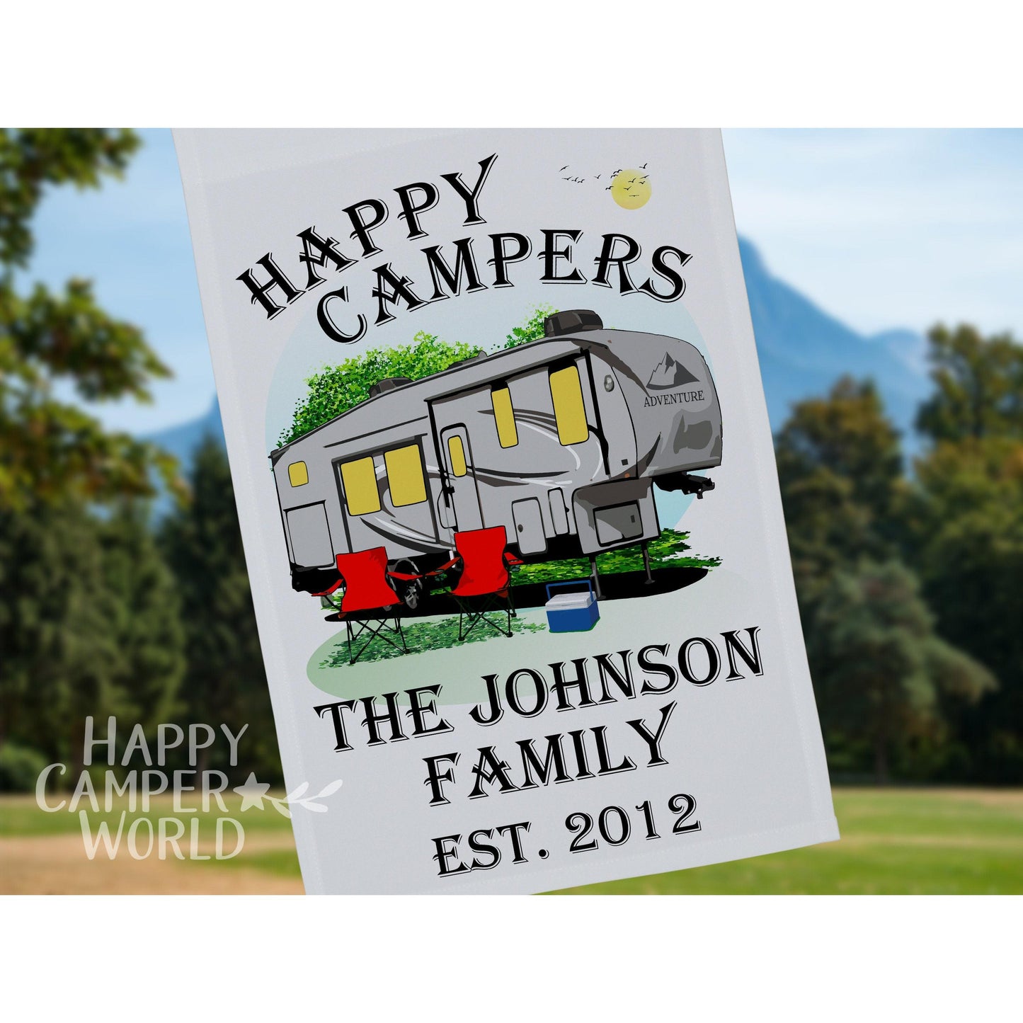 Happy Campers Personalized 5th Wheel Camping Flag, Camping Sign, Campsite Flag, RV Camp Sign, Camper Decoration, 5th Wheel Decor