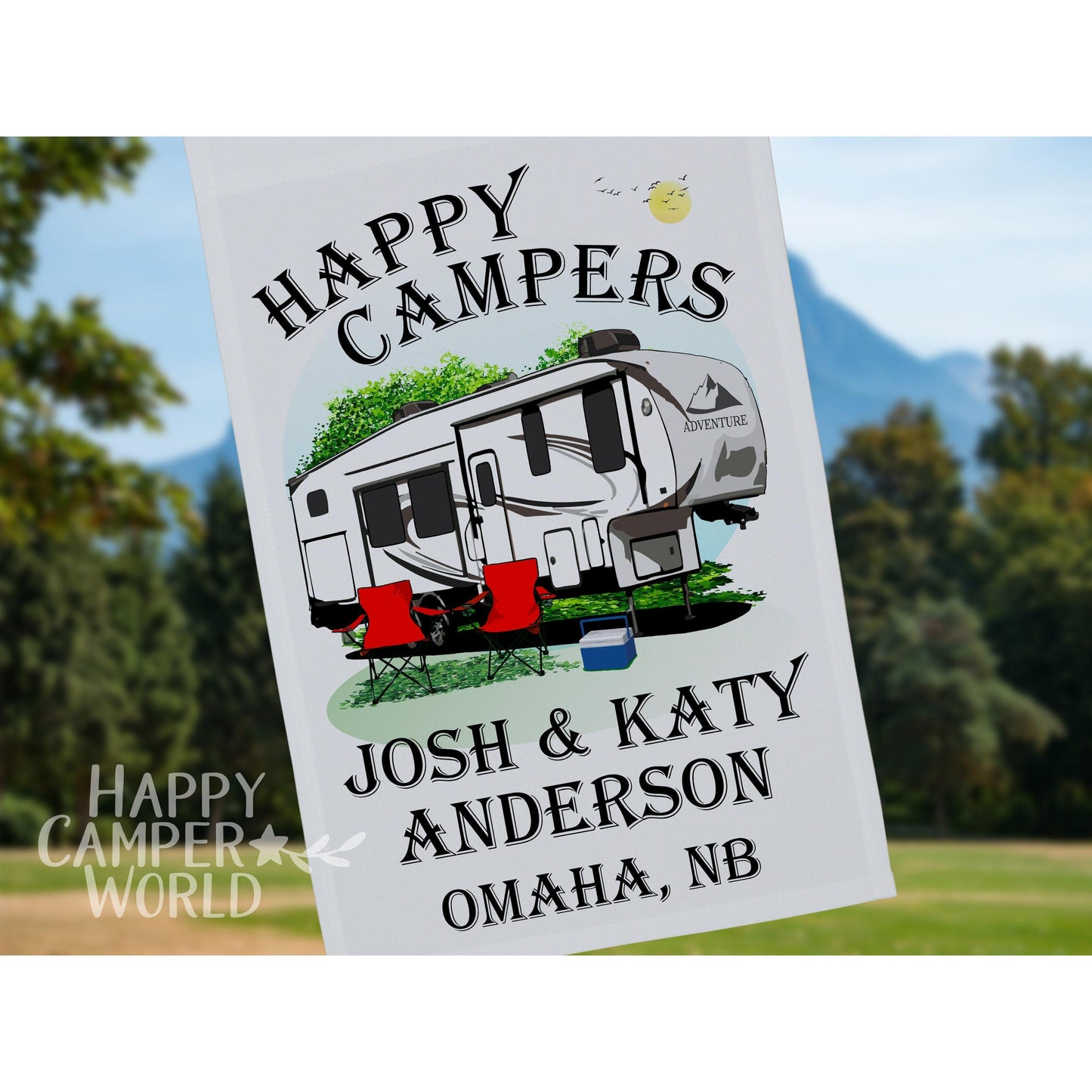 Happy Campers Personalized 5th Wheel Camping Flag, Camping Sign, Campsite Flag, RV Camp Sign, Camper Decoration, 5th Wheel Decor