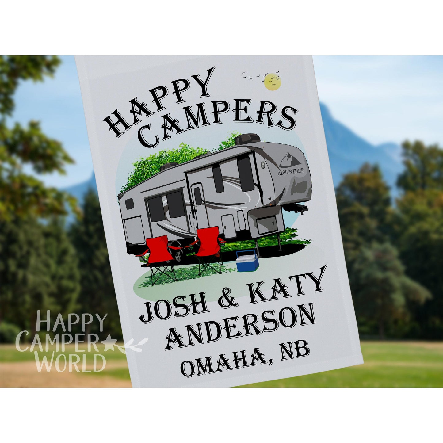Happy Campers Personalized 5th Wheel Camping Flag, Camping Sign, Campsite Flag, RV Camp Sign, Camper Decoration, 5th Wheel Decor