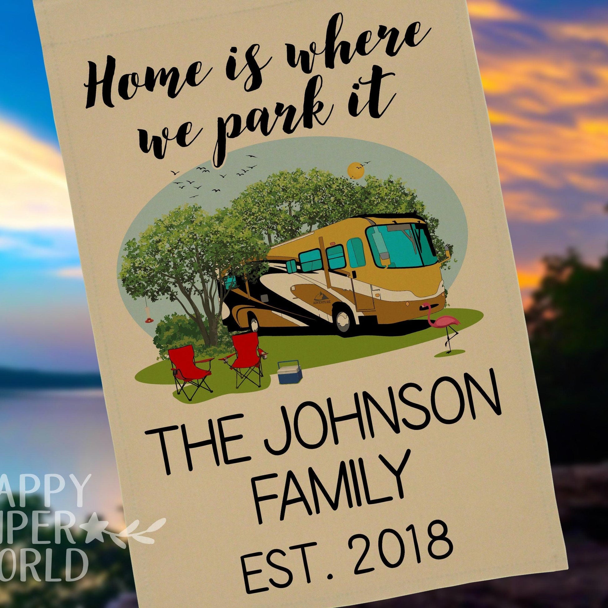 Personalized Tan Camping Flag, "Home is where we park it", Class A Motorhome Flag