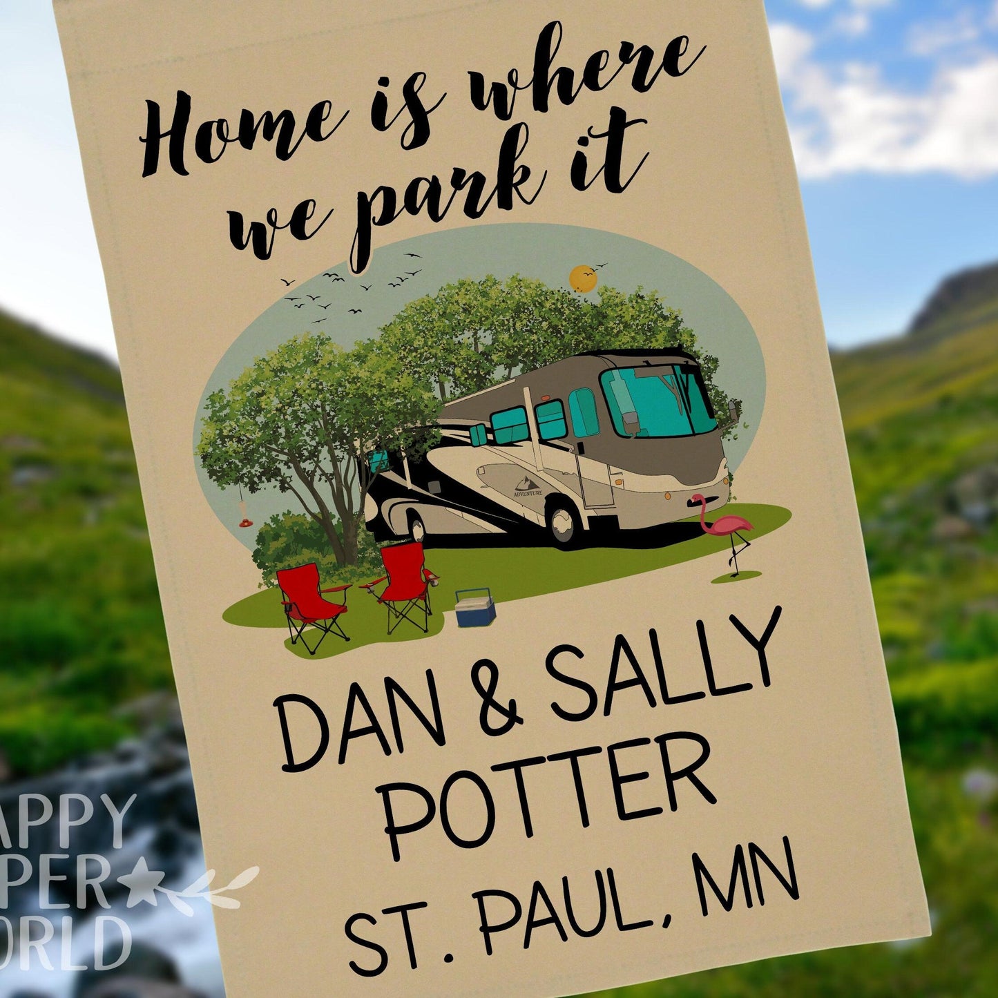 Personalized Tan Camping Flag, "Home is where we park it", Class A Motorhome Flag