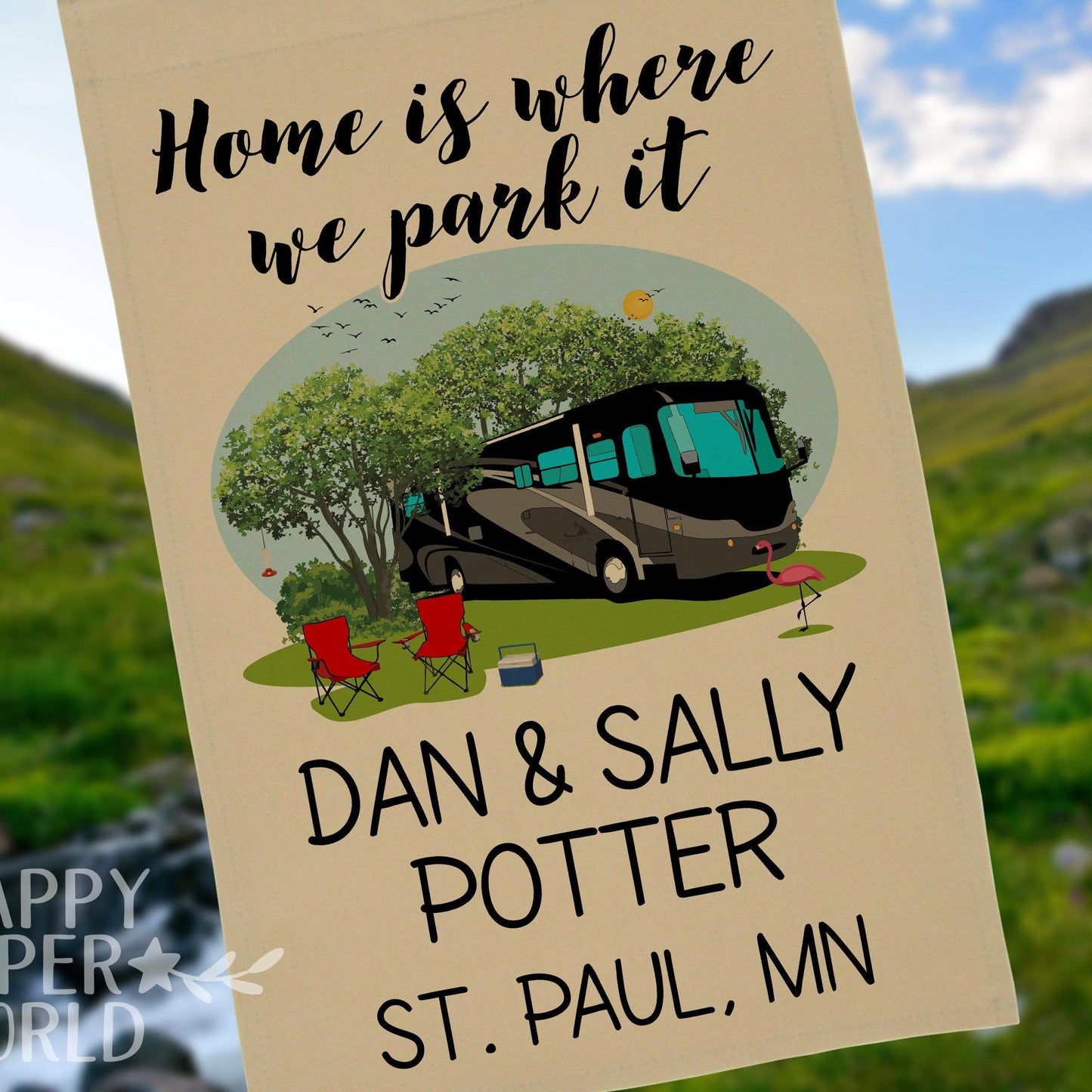 Personalized Tan Camping Flag, "Home is where we park it", Class A Motorhome Flag