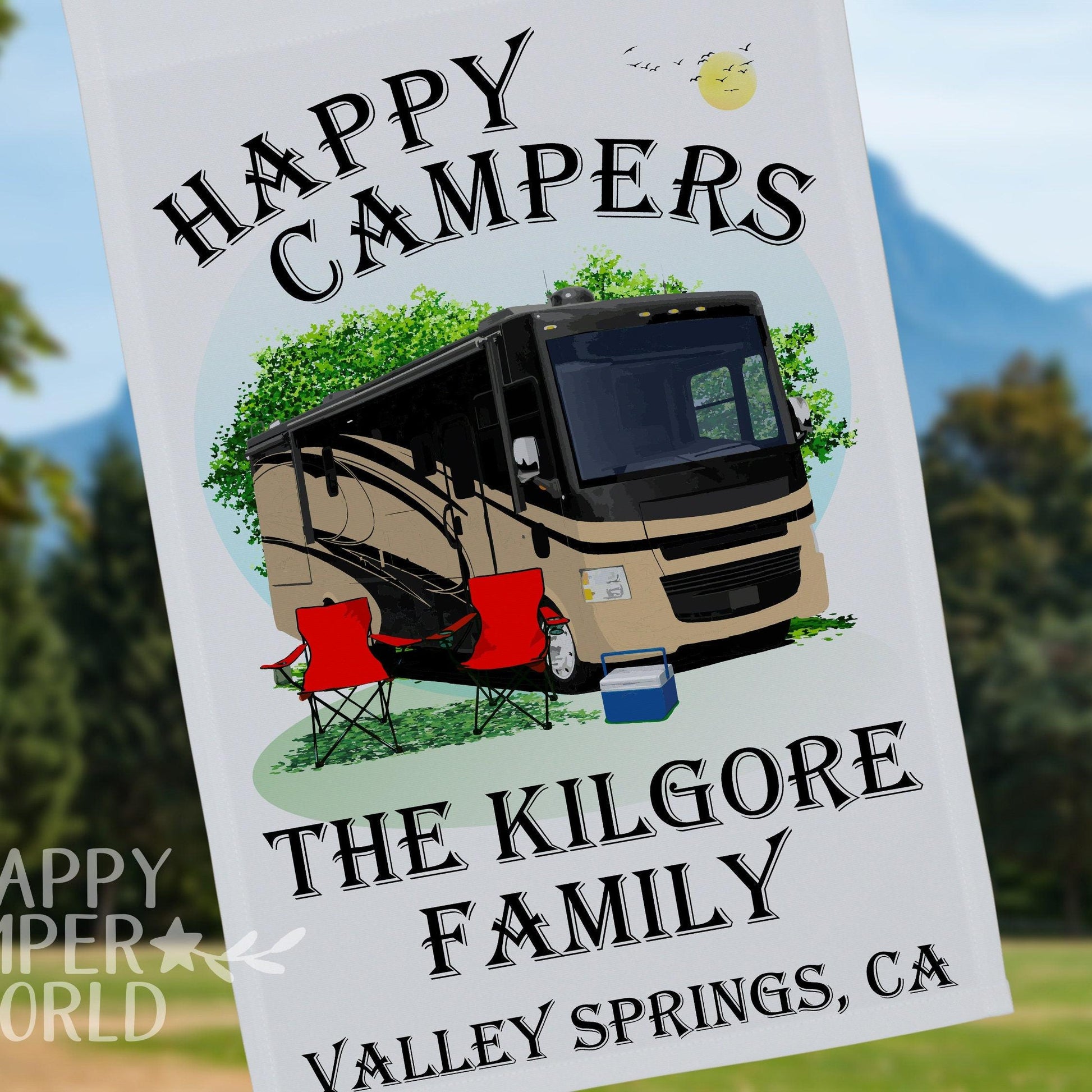 Happy Campers, Personalized Class A Motorhome RV Camping Flag