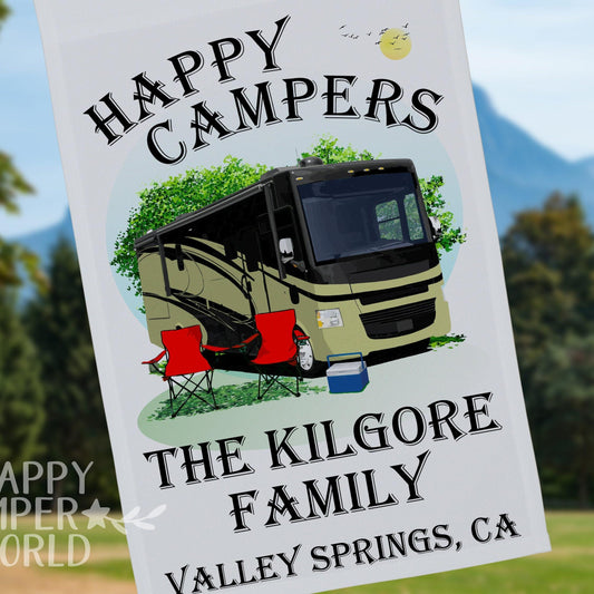 Happy Campers, Personalized Class A Motorhome RV Camping Flag