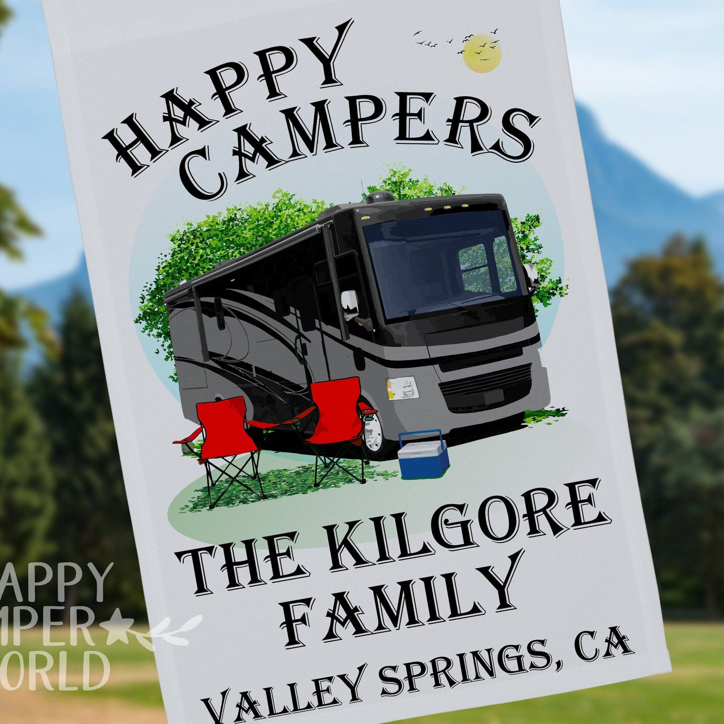 Happy Campers, Personalized Class A Motorhome RV Camping Flag