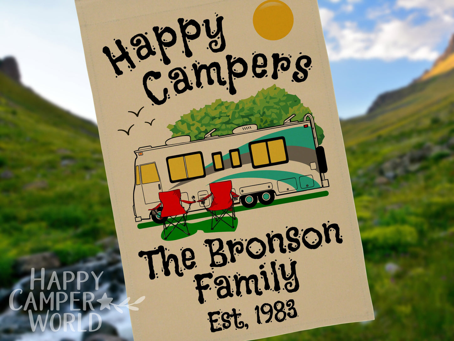 Personalized Camping Flag, "Happy Campers" Flag, Class A Motor Home RV Camping Sign, Custom Camper Flag, Camp Decor