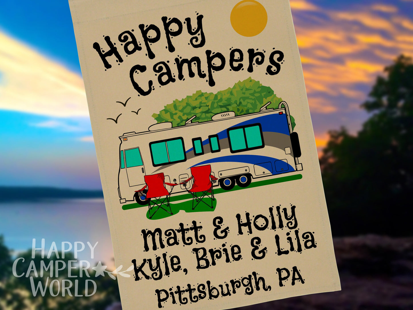 Personalized Camping Flag, "Happy Campers" Flag, Class A Motor Home RV Camping Sign, Custom Camper Flag, Camp Decor