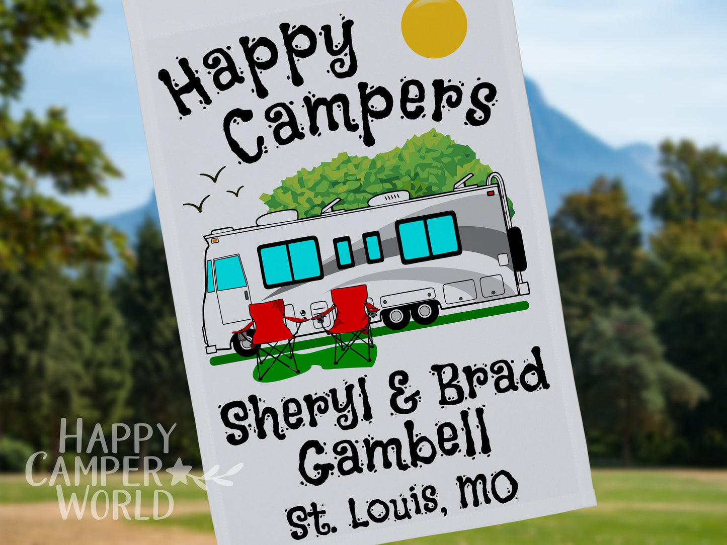 Personalized Camping Flag, "Happy Campers" Flag, Class A Motor Home RV Camping Sign, Custom Camper Flag, Camp Decor, White Fabric
