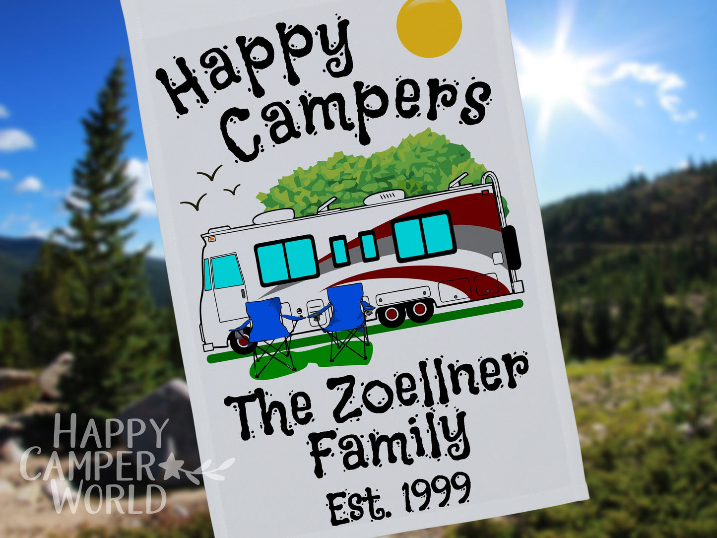 Personalized Camping Flag, "Happy Campers" Flag, Class A Motor Home RV Camping Sign, Custom Camper Flag, Camp Decor, White Fabric