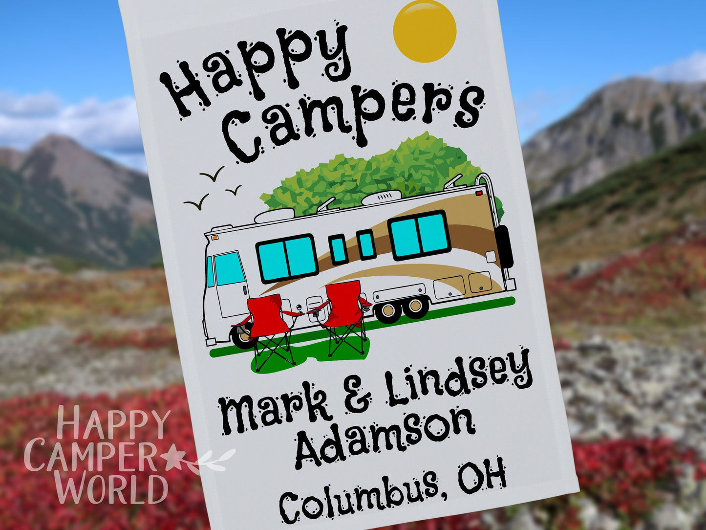 Personalized Camping Flag, "Happy Campers" Flag, Class A Motor Home RV Camping Sign, Custom Camper Flag, Camp Decor, White Fabric