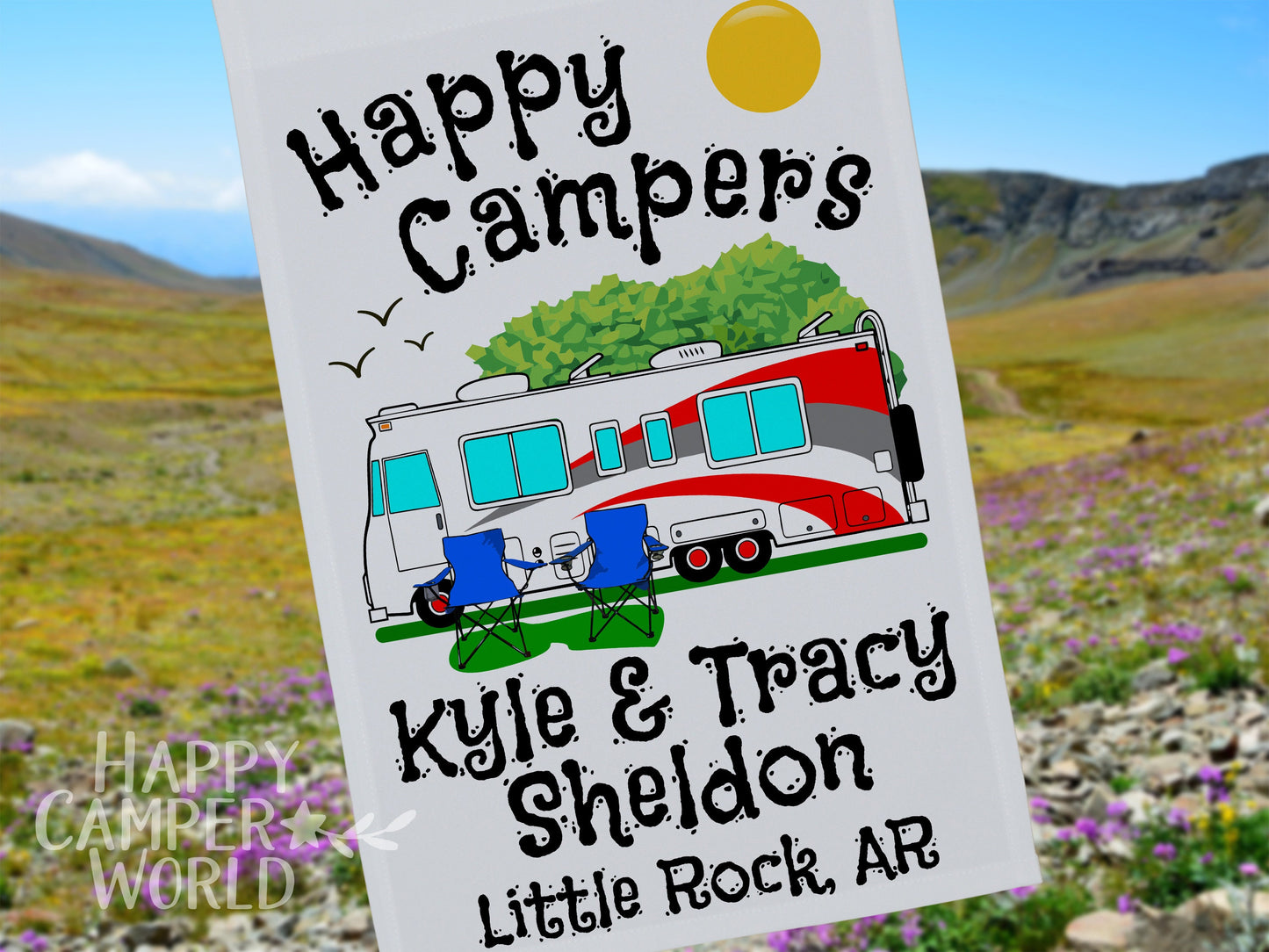 Personalized Camping Flag, "Happy Campers" Flag, Class A Motor Home RV Camping Sign, Custom Camper Flag, Camp Decor, White Fabric