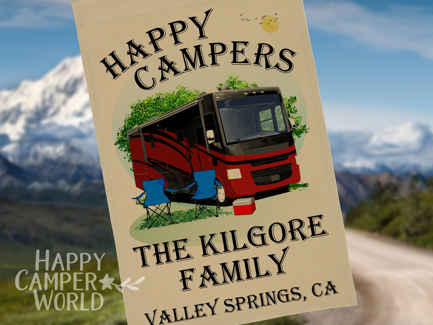 Happy Campers, Personalized Class A Motorhome Camp Flag, Campsite Flag, RV Decor, Camping Sign, Motor Home Decor, Camp Banner, Campsite Sign