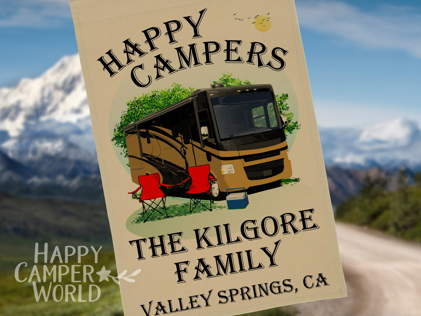 Happy Campers, Personalized Class A Motorhome Camp Flag, Campsite Flag, RV Decor, Camping Sign, Motor Home Decor, Camp Banner, Campsite Sign