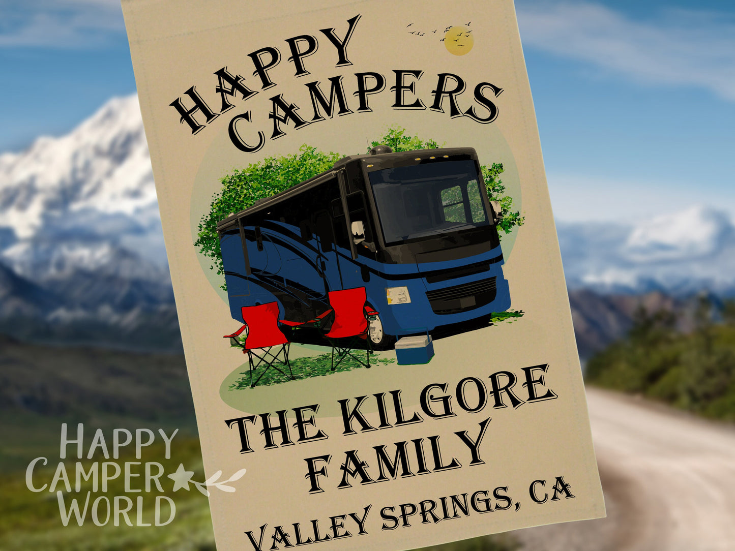 Happy Campers, Personalized Class A Motorhome Camp Flag, Campsite Flag, RV Decor, Camping Sign, Motor Home Decor, Camp Banner, Campsite Sign