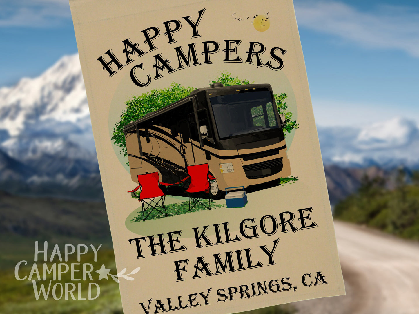 Happy Campers, Personalized Class A Motorhome Camp Flag, Campsite Flag, RV Decor, Camping Sign, Motor Home Decor, Camp Banner, Campsite Sign