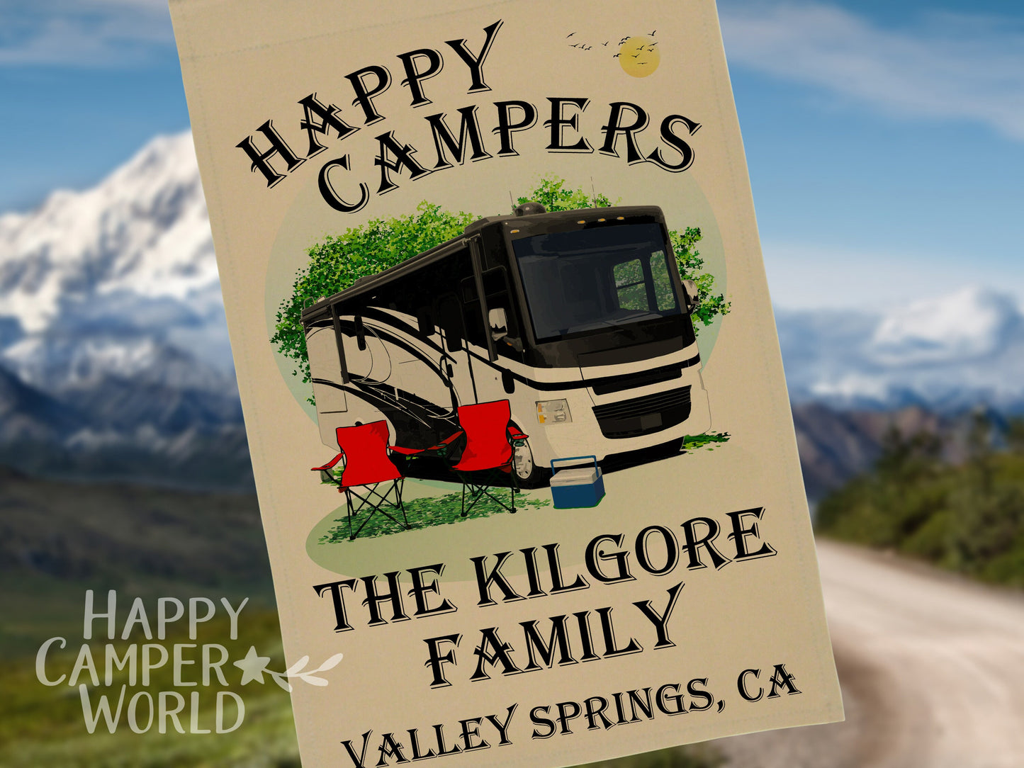 Happy Campers, Personalized Class A Motorhome Camp Flag, Campsite Flag, RV Decor, Camping Sign, Motor Home Decor, Camp Banner, Campsite Sign
