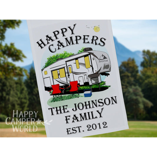 Happy Campers Personalized 5th Wheel Camping Flag, Camping Sign, Campsite Flag, RV Camp Sign, Camper Decoration, 5th Wheel Decor