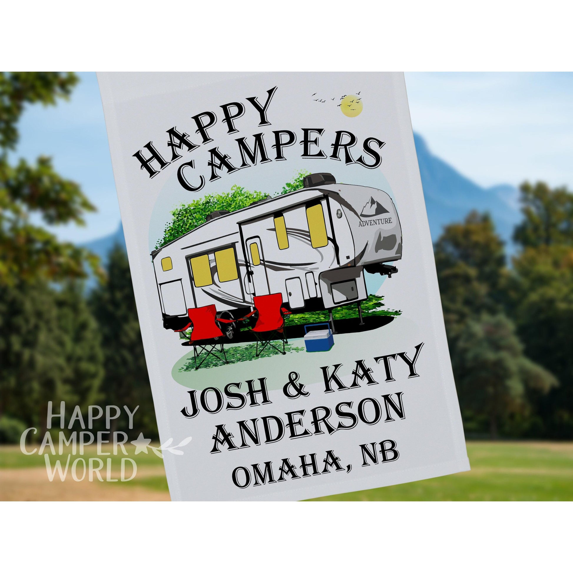 Happy Campers Personalized 5th Wheel Camping Flag, Camping Sign, Campsite Flag, RV Camp Sign, Camper Decoration, 5th Wheel Decor