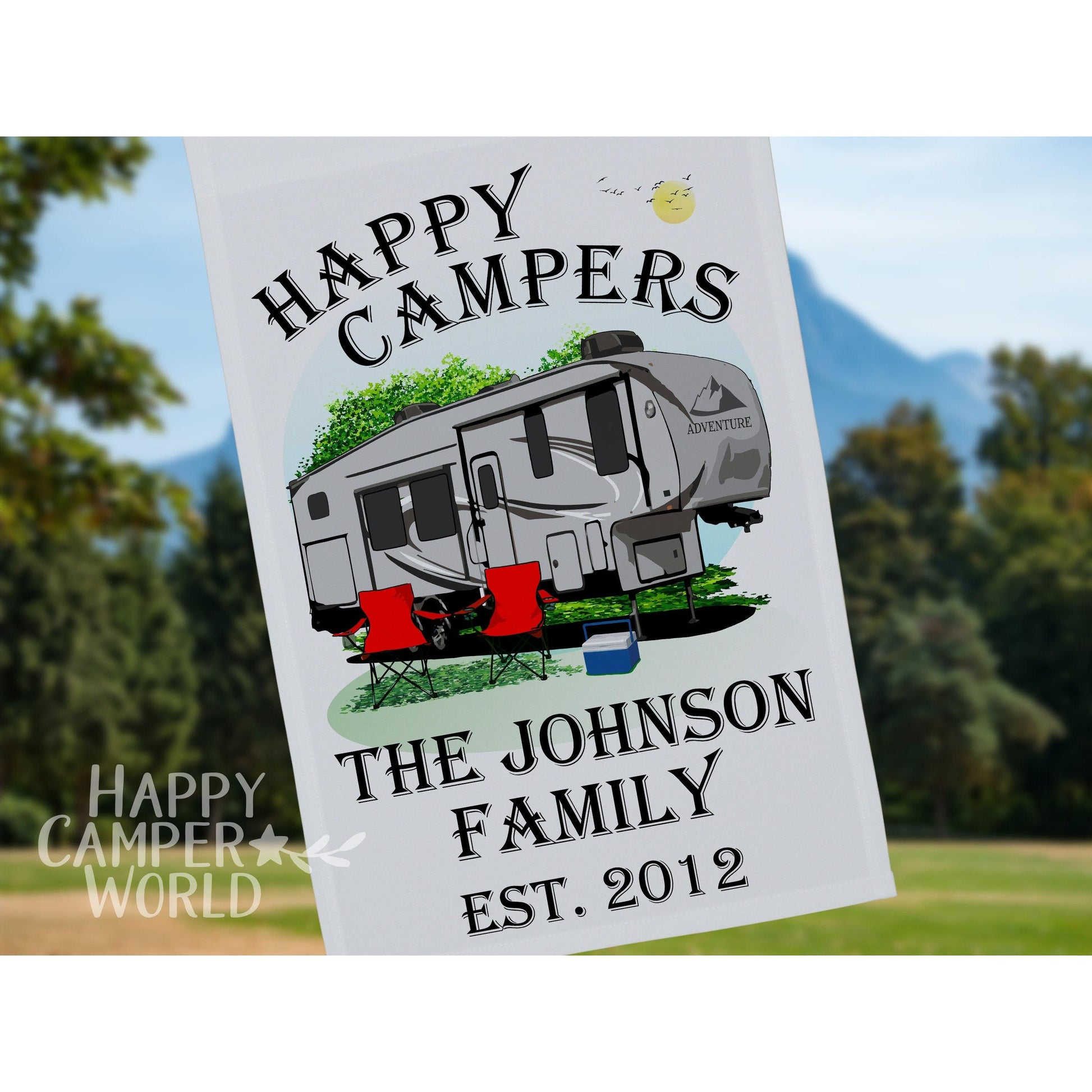 Happy Campers Personalized 5th Wheel Camping Flag, Camping Sign, Campsite Flag, RV Camp Sign, Camper Decoration, 5th Wheel Decor