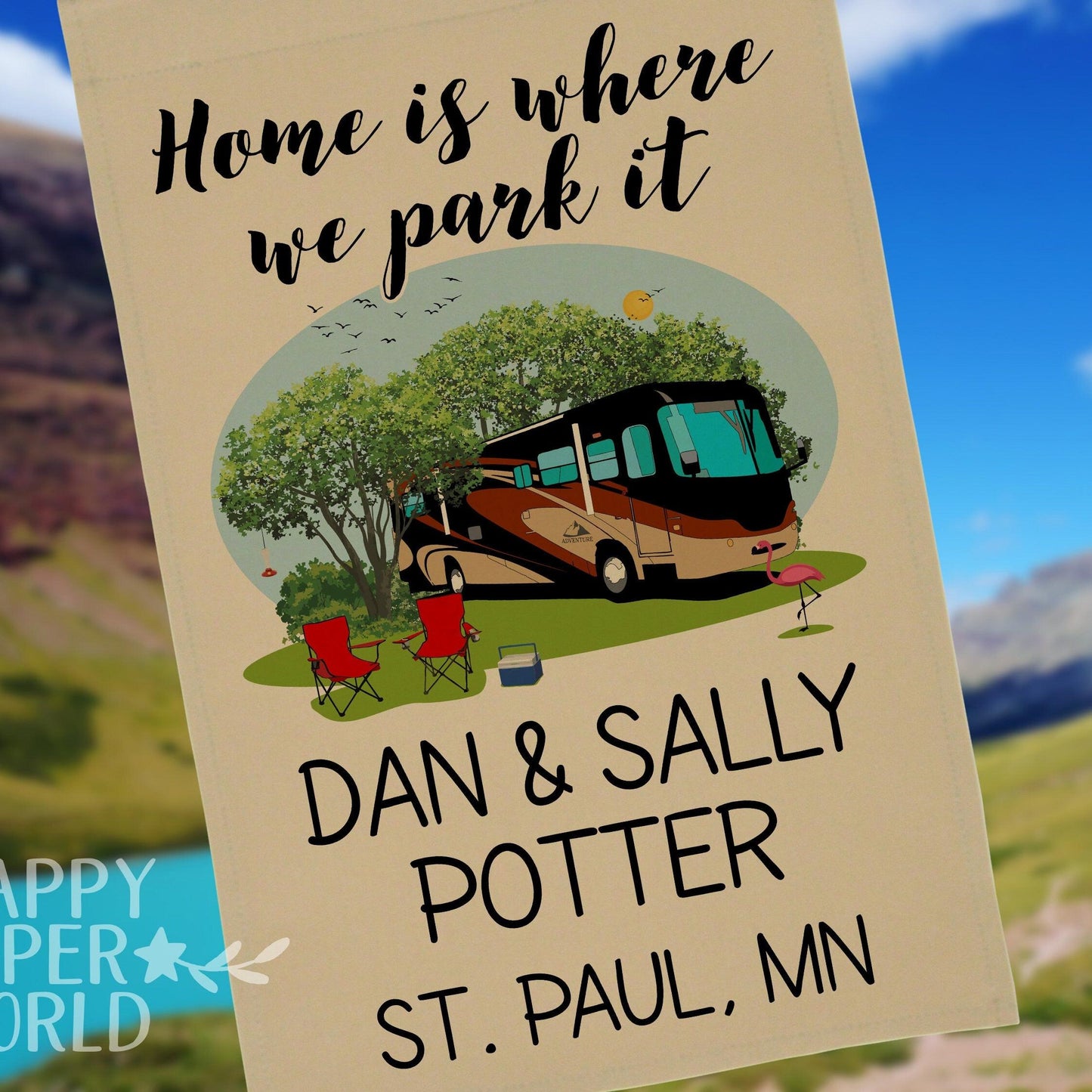 Personalized Tan Camping Flag, "Home is where we park it", Class A Motorhome Flag
