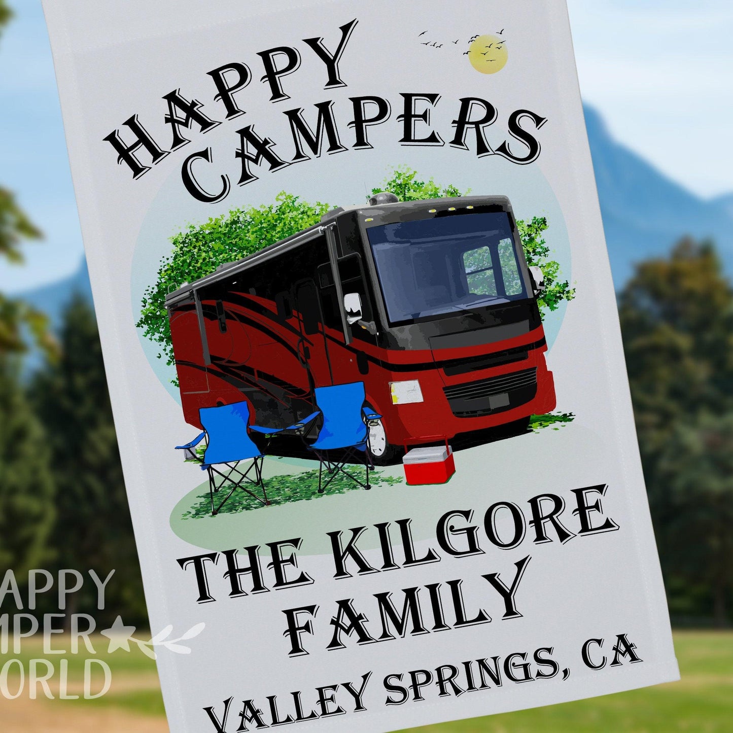 Happy Campers, Personalized Class A Motorhome RV Camping Flag