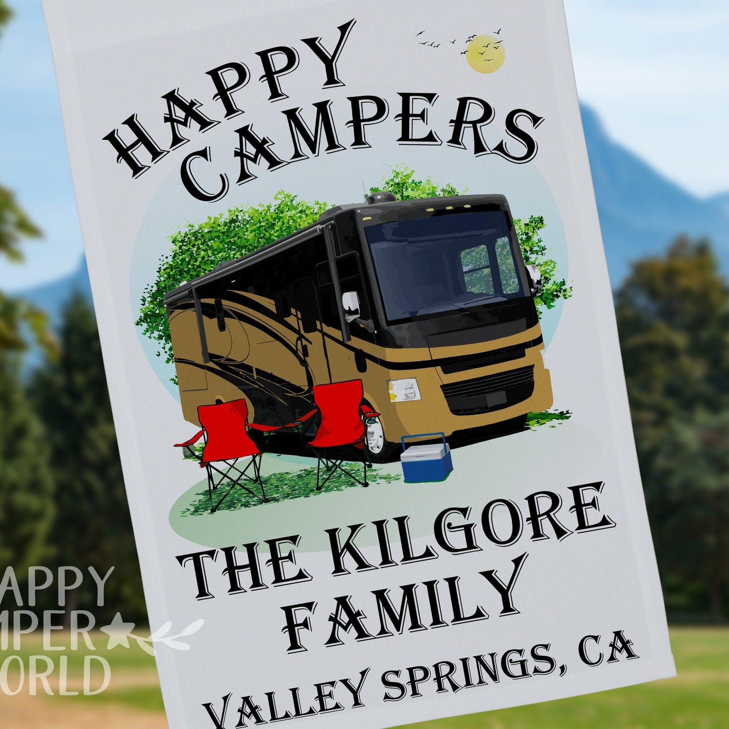 Happy Campers, Personalized Class A Motorhome RV Camping Flag