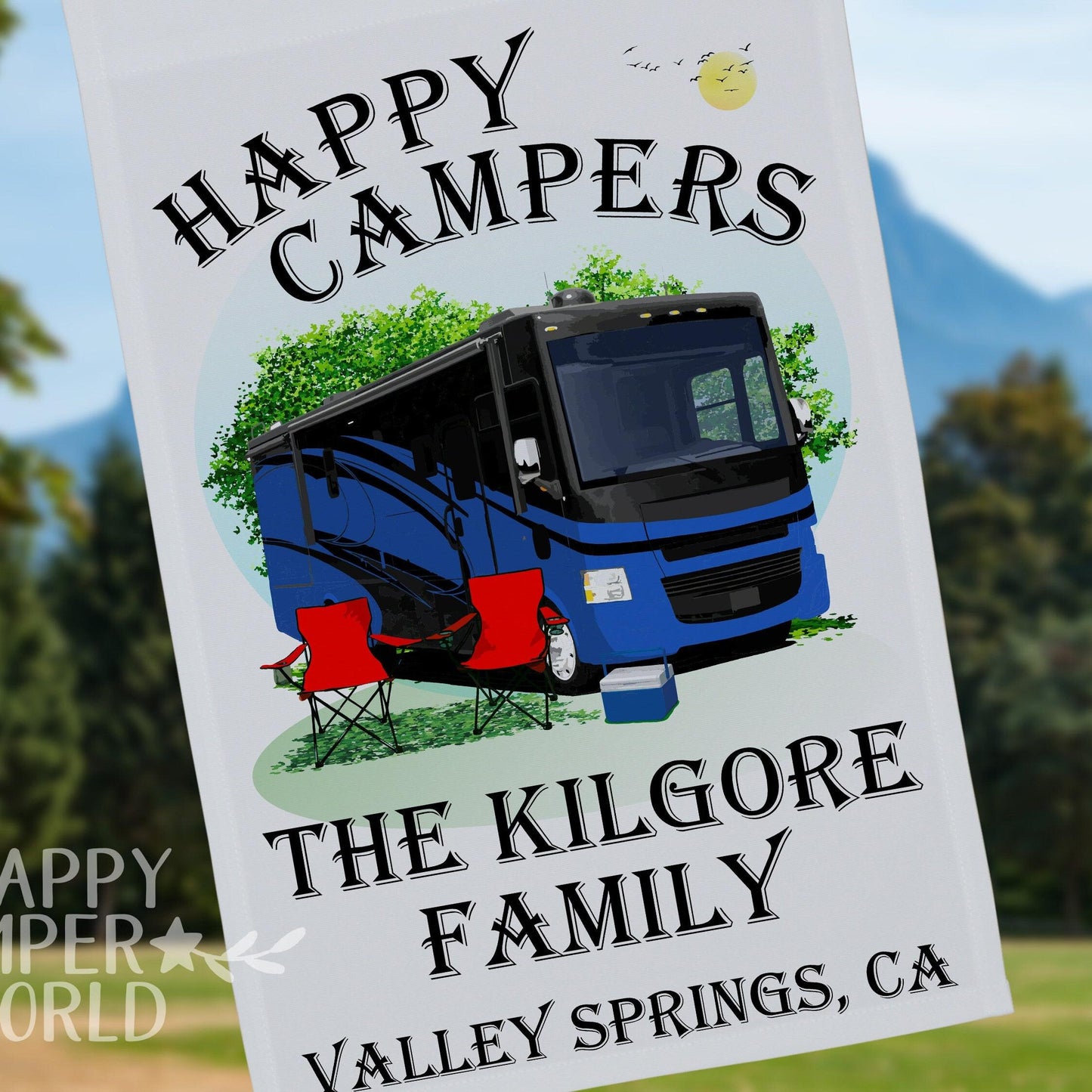 Happy Campers, Personalized Class A Motorhome RV Camping Flag