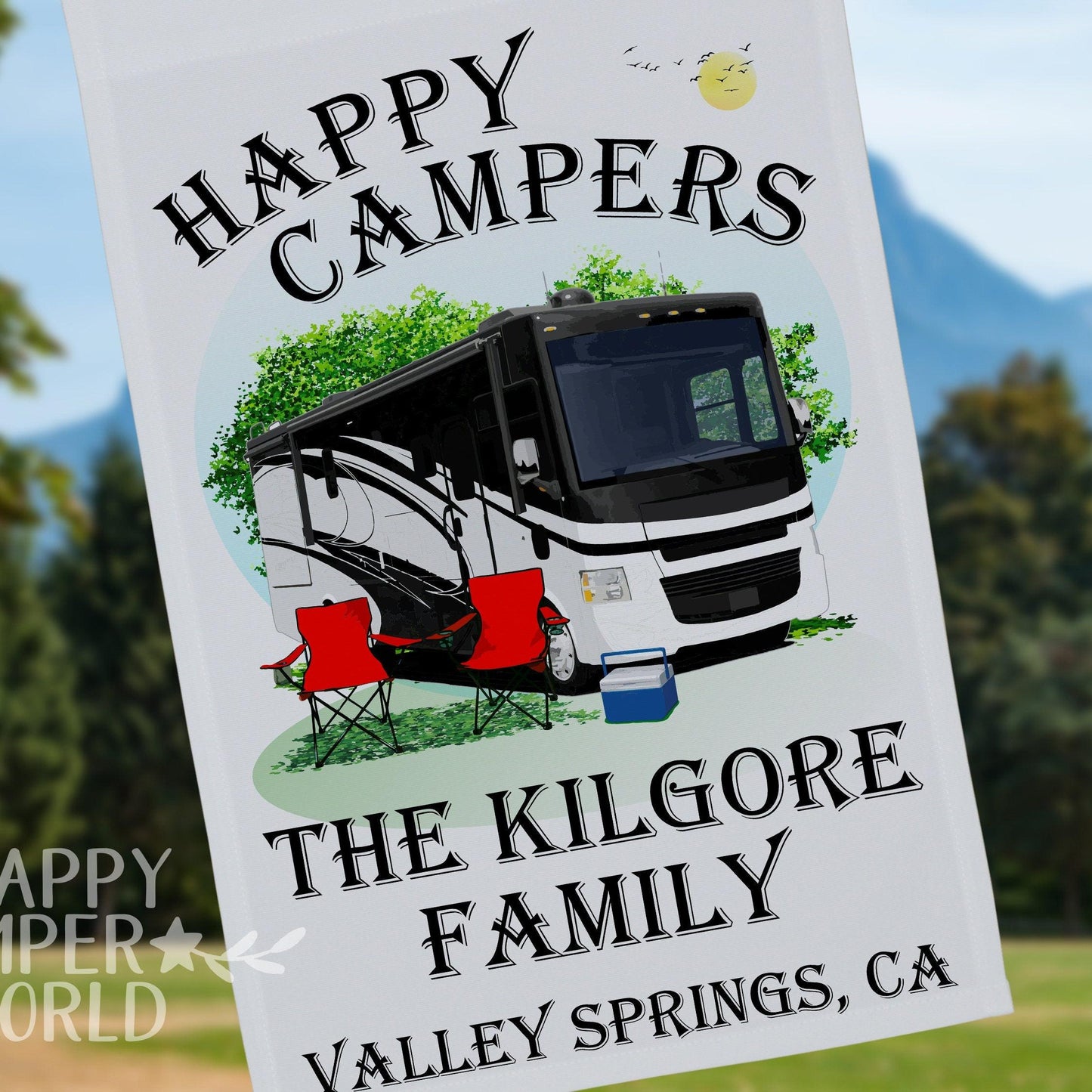 Happy Campers, Personalized Class A Motorhome RV Camping Flag