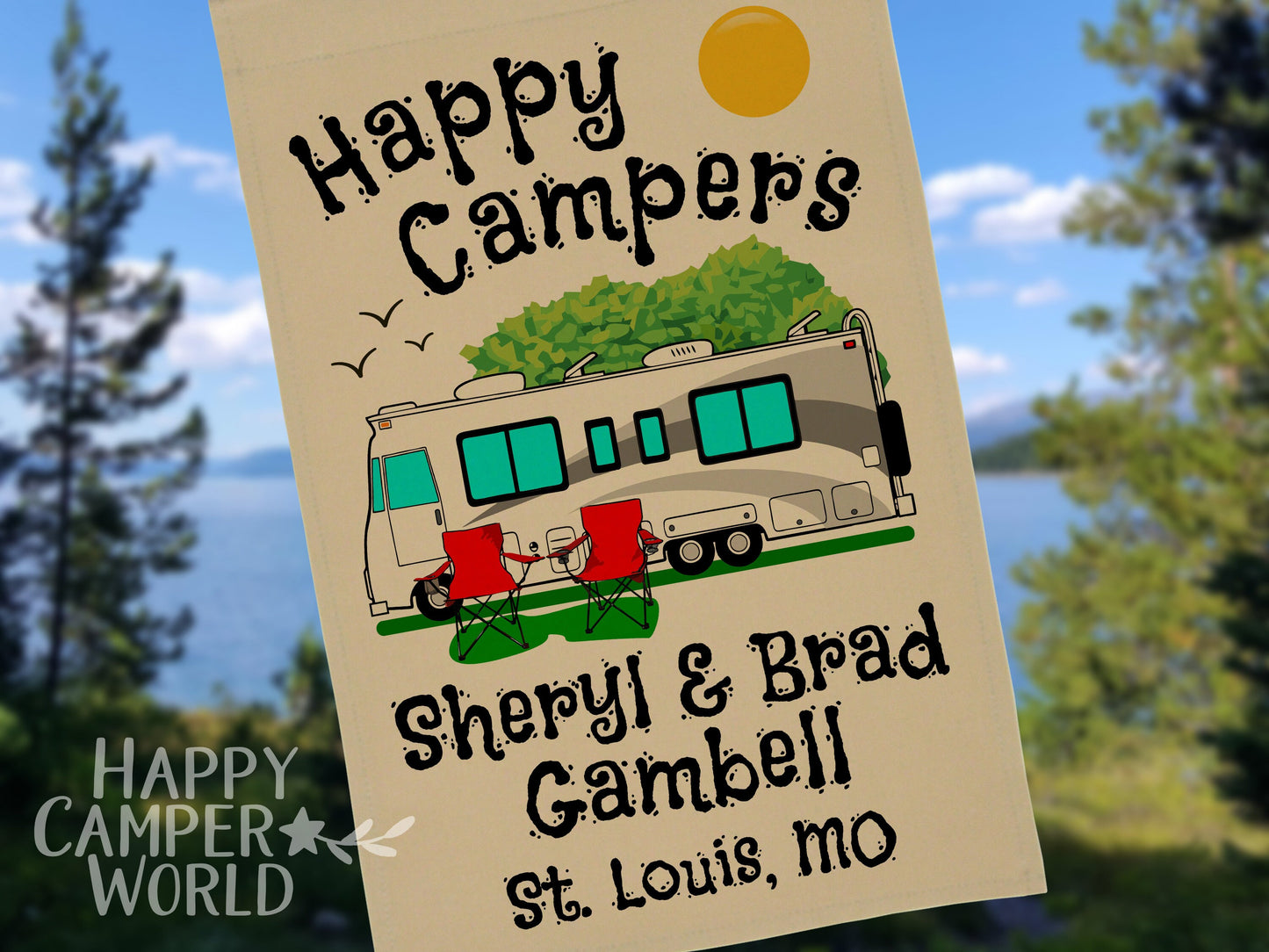 Personalized Camping Flag, "Happy Campers" Flag, Class A Motor Home RV Camping Sign, Custom Camper Flag, Camp Decor