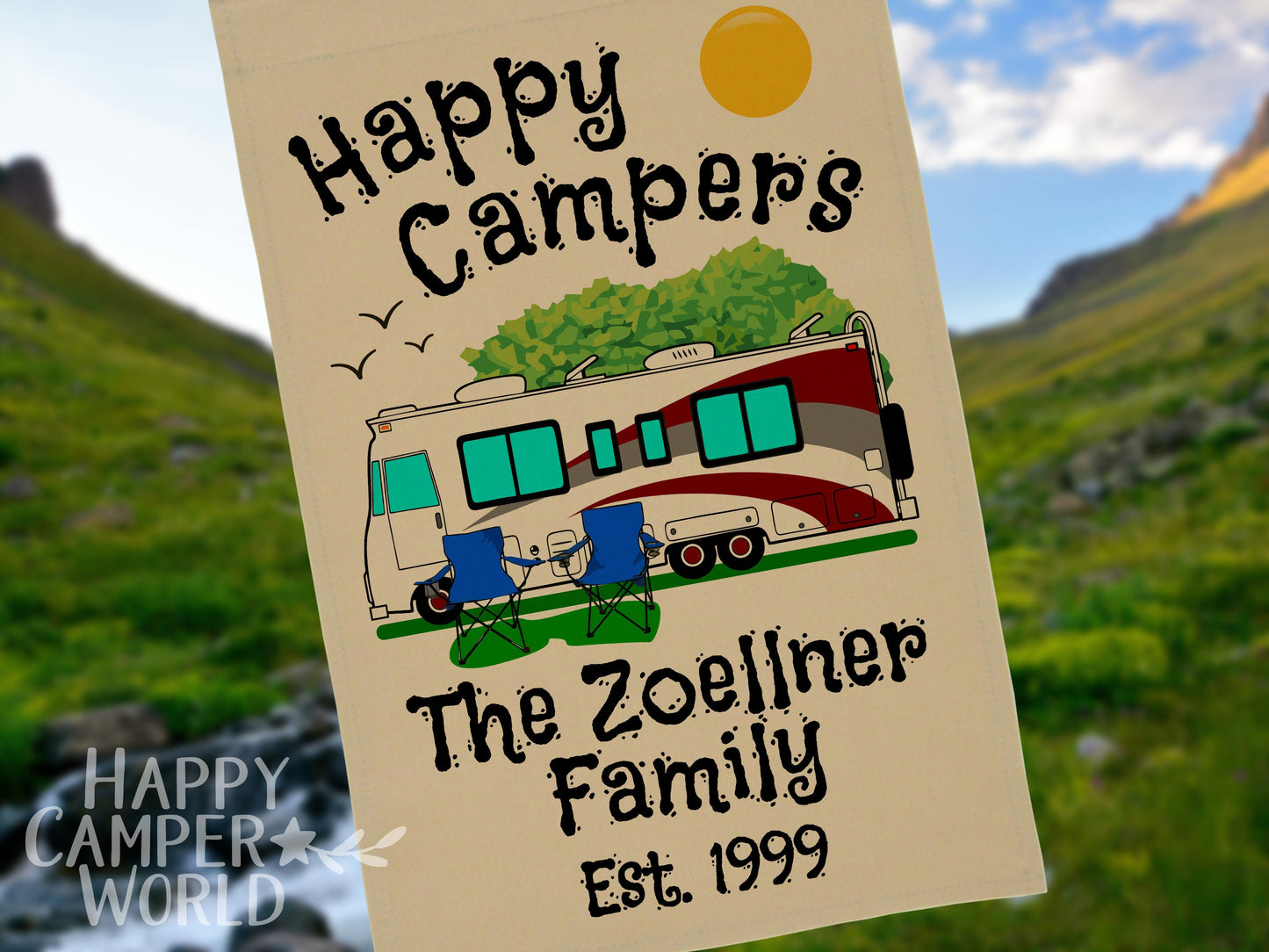 Personalized Camping Flag, "Happy Campers" Flag, Class A Motor Home RV Camping Sign, Custom Camper Flag, Camp Decor