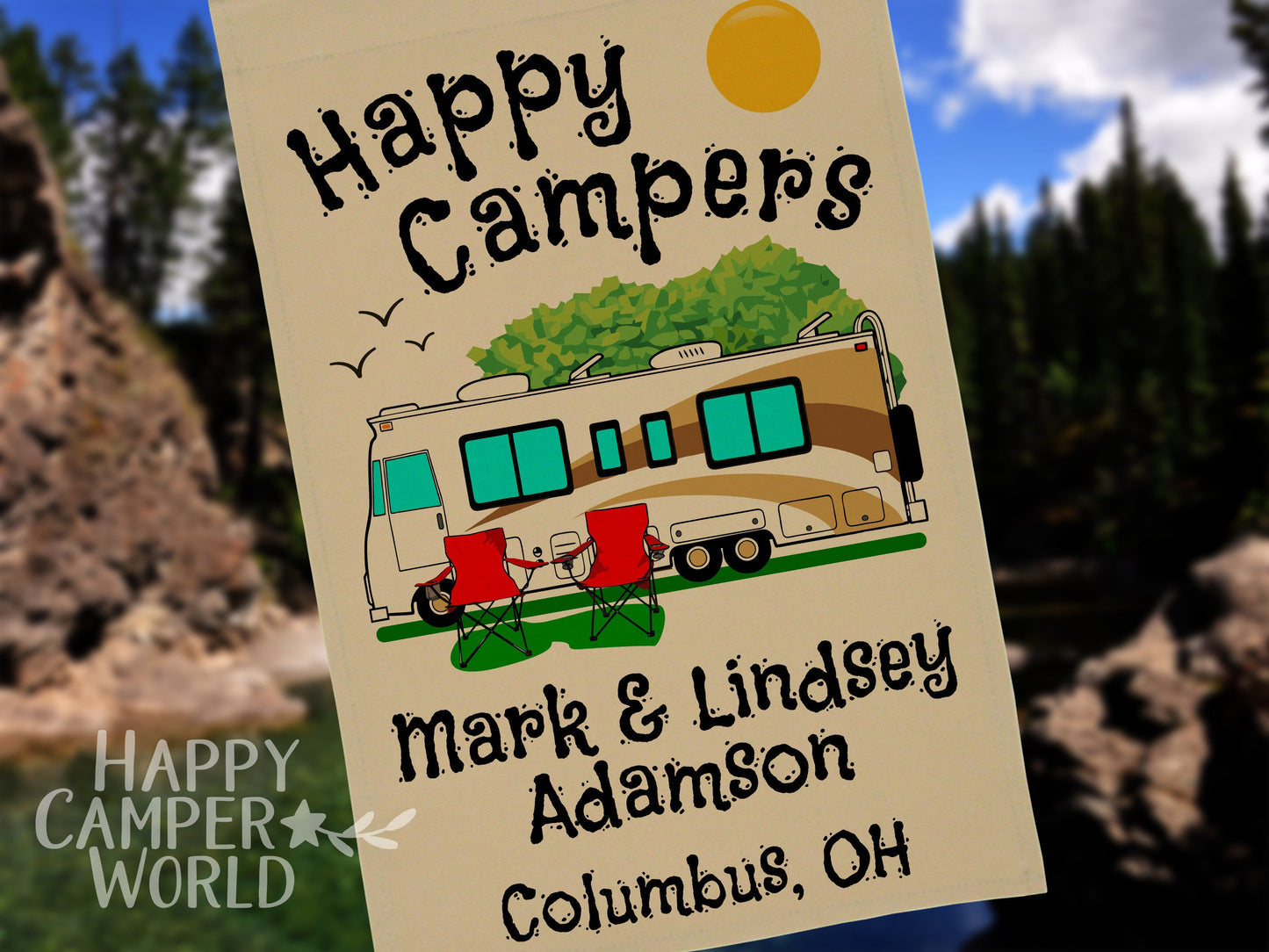 Personalized Camping Flag, "Happy Campers" Flag, Class A Motor Home RV Camping Sign, Custom Camper Flag, Camp Decor